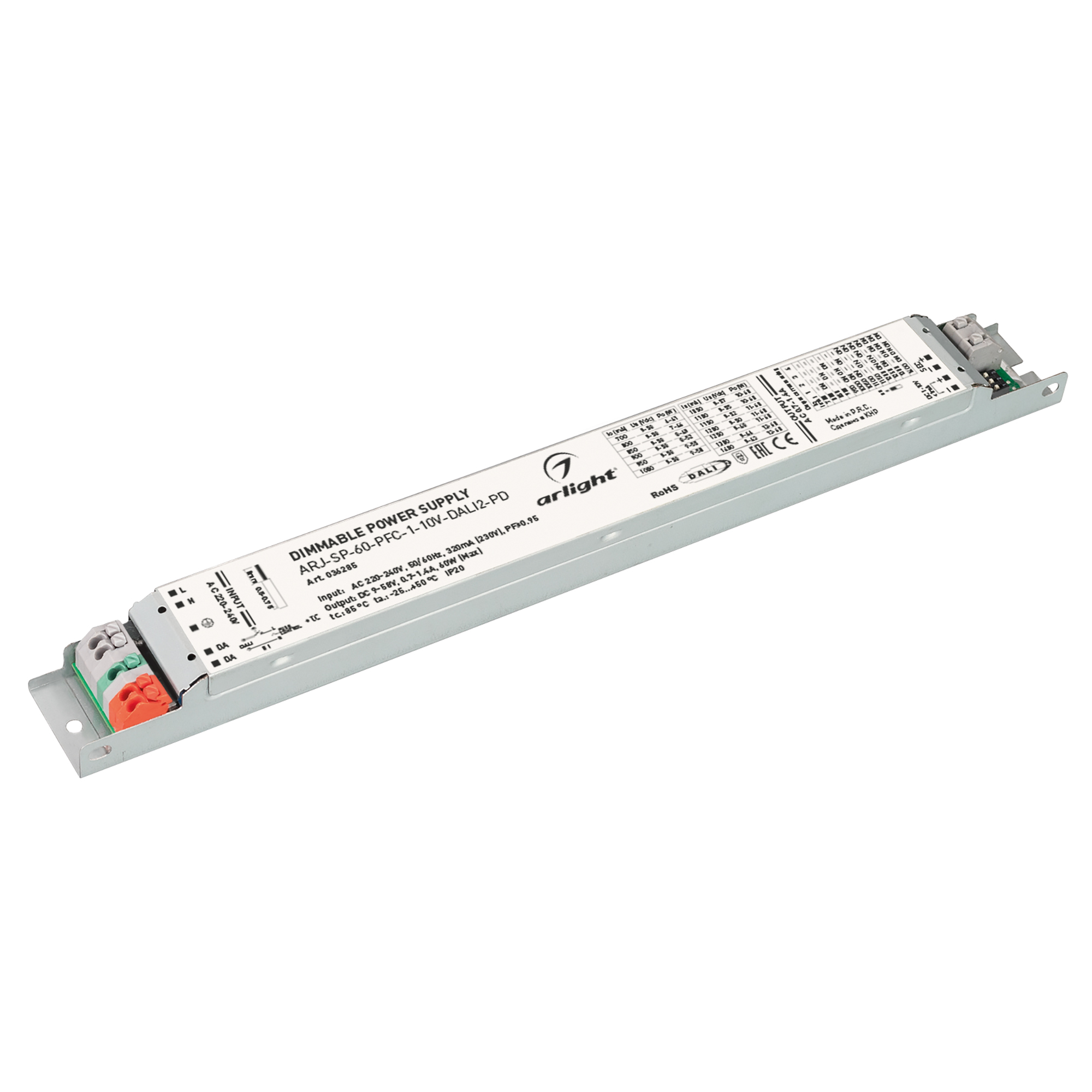 Блок питания ARJ-SP-60-PFC-1-10V-DALI2-PD (60W, 9-58V, 0.7-1.4A) (IP20 Пластик, 5 лет)