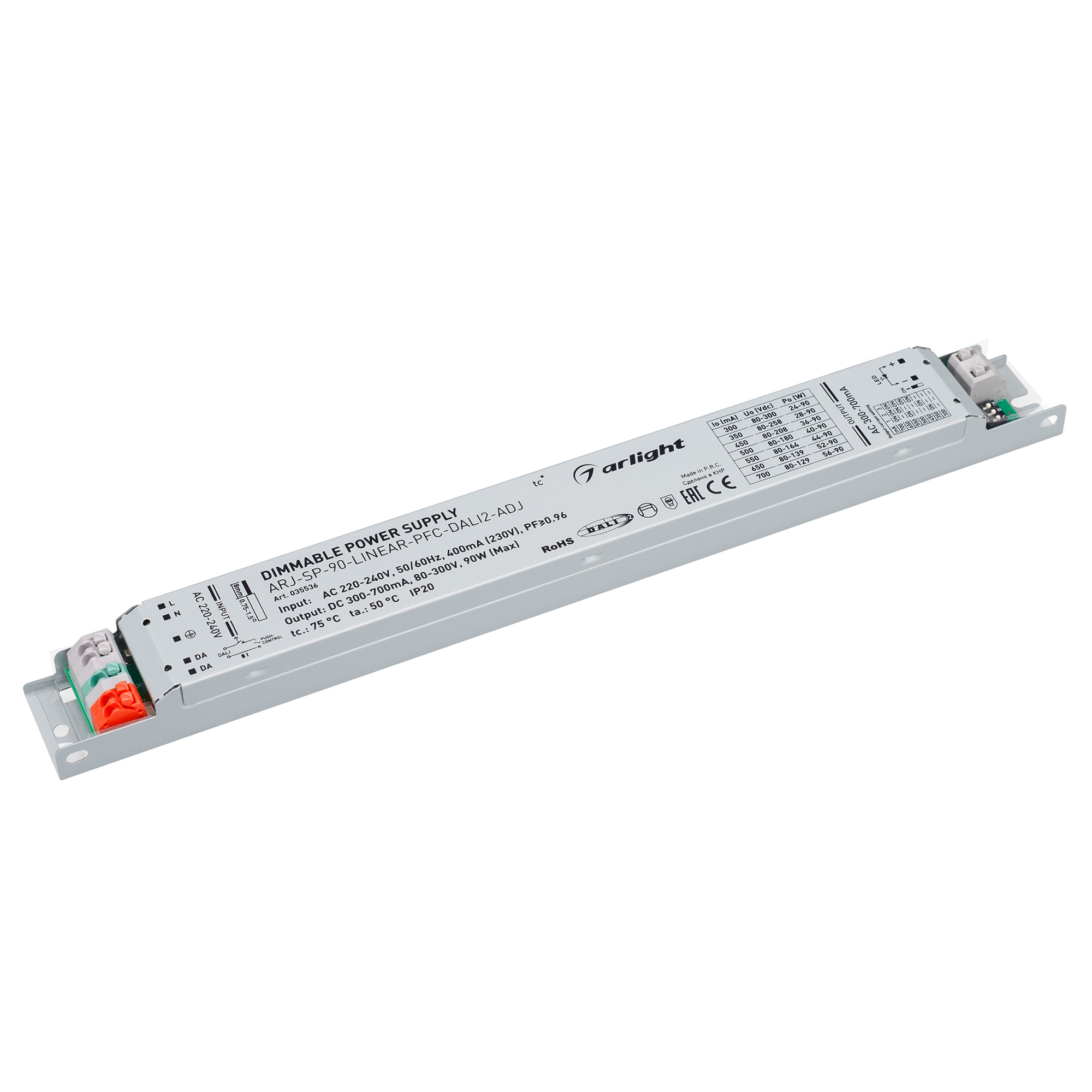 Блок питания ARJ-SP-90-LINEAR-PFC-DALI2-ADJ (90W, 80-300V, 0.3-0.7A) (, IP20 Металл, 5 лет)