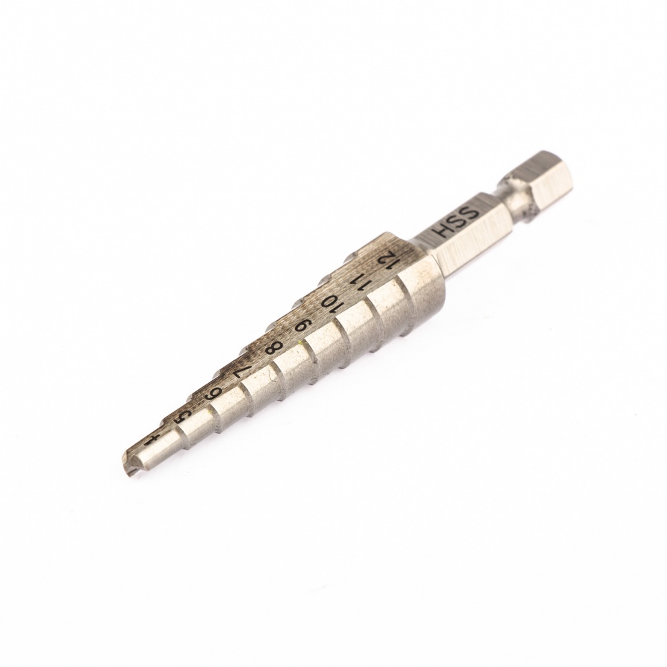 Сверло ступенчатое по металлу 4-5-6-7-8-9-10-11-12 мм, Р6М5, шестигранный хвостовик Барс