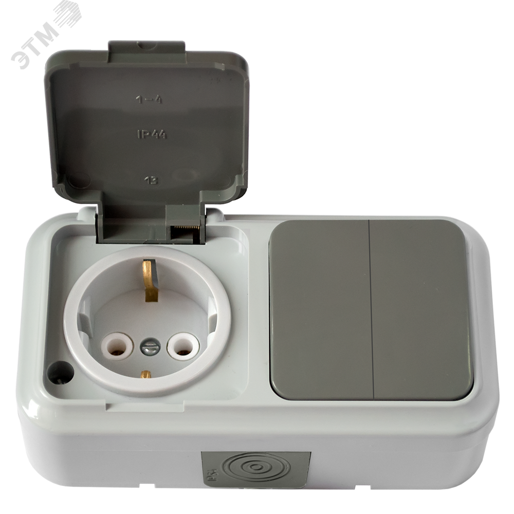 Беларусь Блок выключатель двухклавишный+розетка с заземлением наружный IP54 2В-РЦ-659 (03)