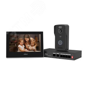 Комплект IP  видеодомофона (Панель вызывная       DHI-VTO2111D-P-S3, видеодомофон с WiFi            DHI-VTH2621G-P, неуправляемый 4-портовый          