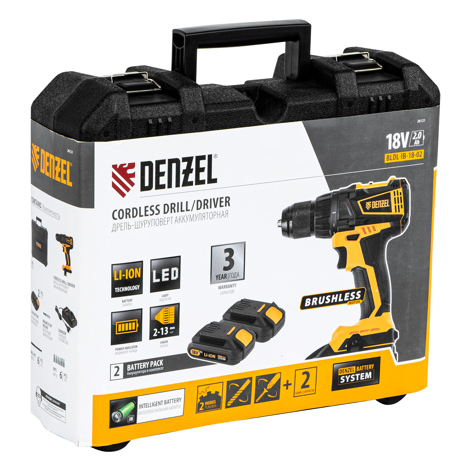 Дрель-шуруповерт аккумуляторная, бесщет. BLDL-IB-18-02, Li-Ion, 18 В, 2 акк. Denzel