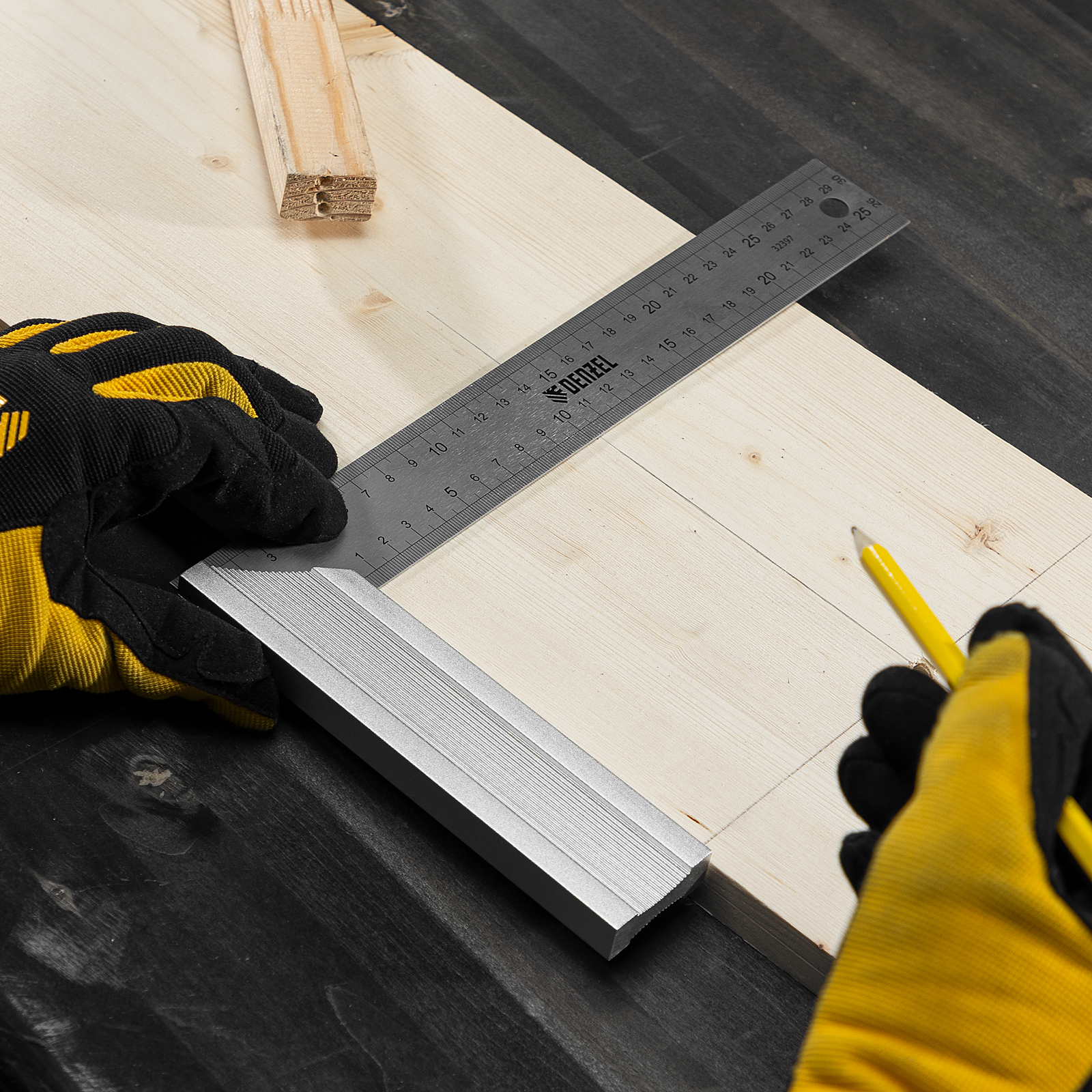 Угольник стальной 300 мм, нержавеющая сталь, градуировка, алюминиевое основание Denzel