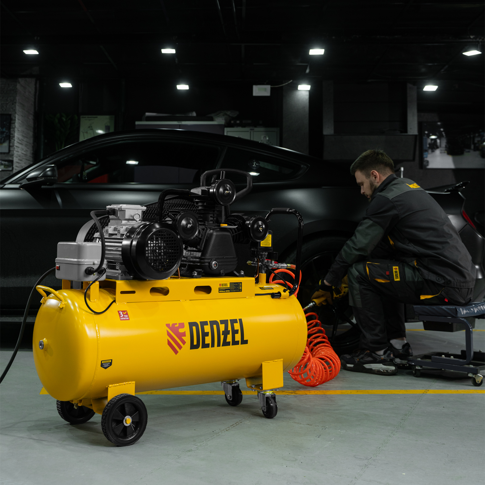 Компрессор воздушный BCW3000-T/100, ременный привод, 3.0 кВт, 100 литров, 520 л/мин Denzel