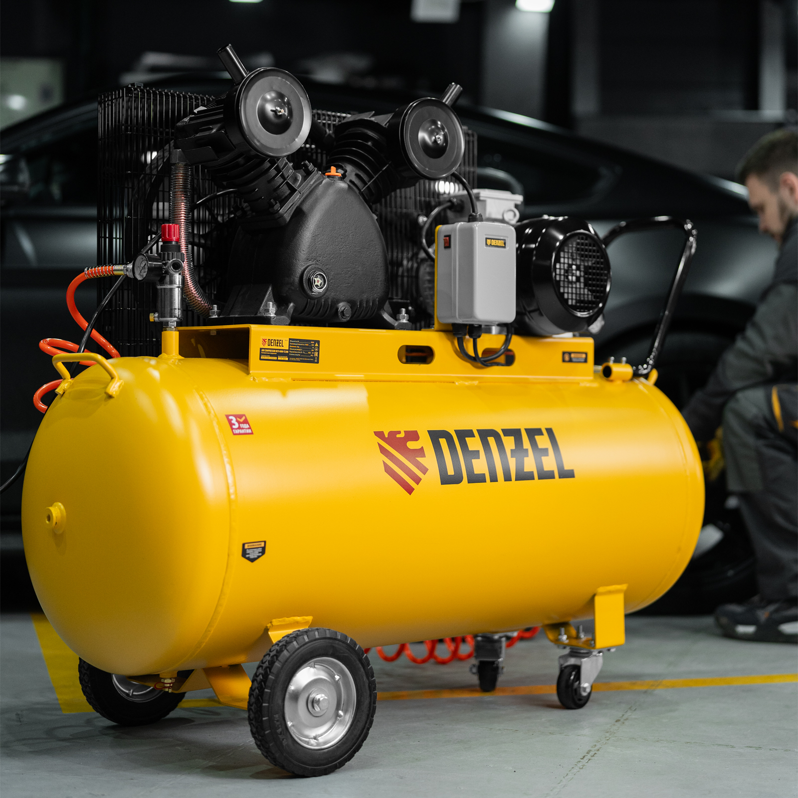 Компрессор воздушный BCI3000-T/200, ременный привод , 3.0 кВт, 200 литров, 530 л/мин Denzel