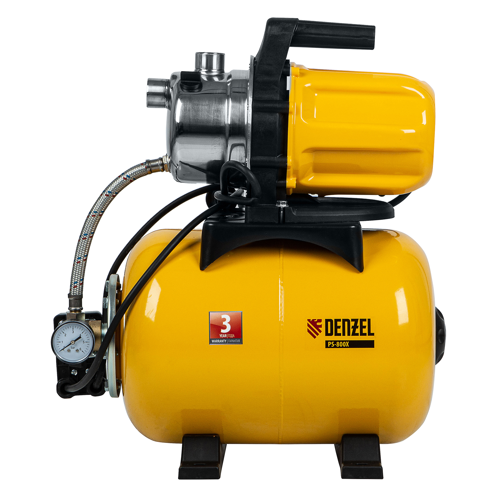Насосная станция PS800X, 800 Вт, 3200 л/ч, ресивер 24 л, подъем 38 м, нержавейка Denzel