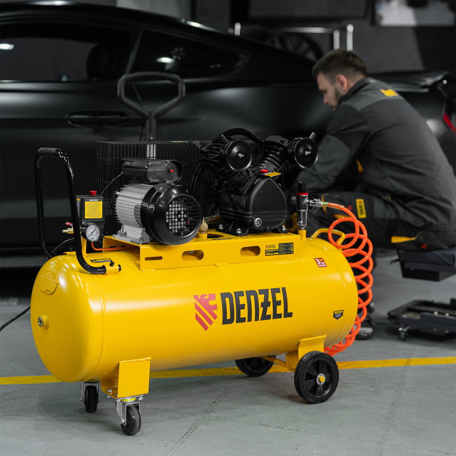 Компрессор воздушный BCV2300/100, ременный привод, 2.3 кВт, 100 литров, 440 л/мин Denzel