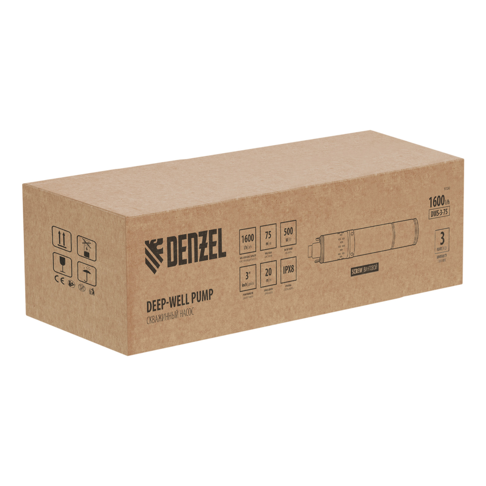 Скважинный насос DWS-3-75, винтовой, диаметр 3", 500 Вт, 1600 л/ч, напор 75 м Denzel