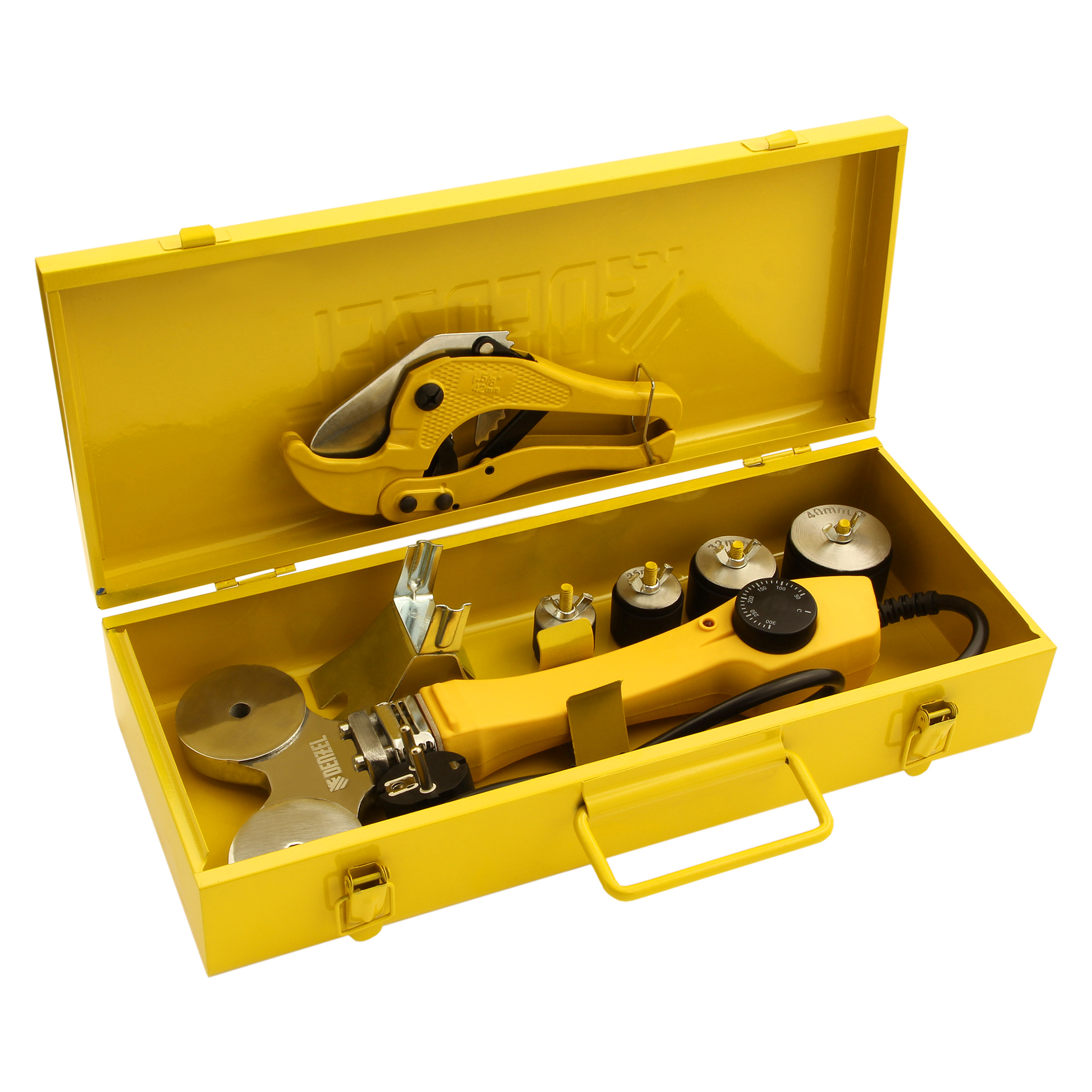 Аппарат для сварки пластиковых труб DWP-750, 750 Вт, 0-300 град, 4 насадки, 20-40 мм Denzel