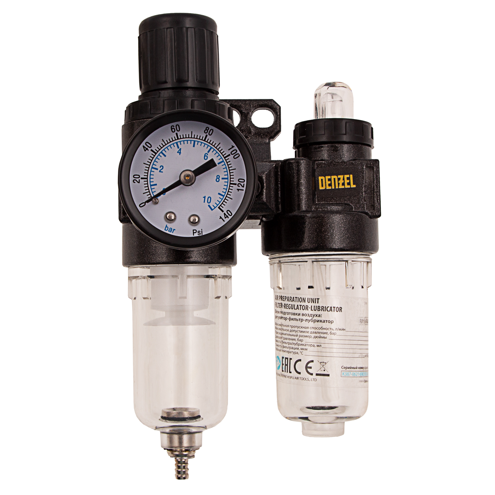 Блок подготовки воздуха регулятор-фильтр-лубрикатор FLR1500, 10 бар, 1500 л/мин, 1/4" Denzel