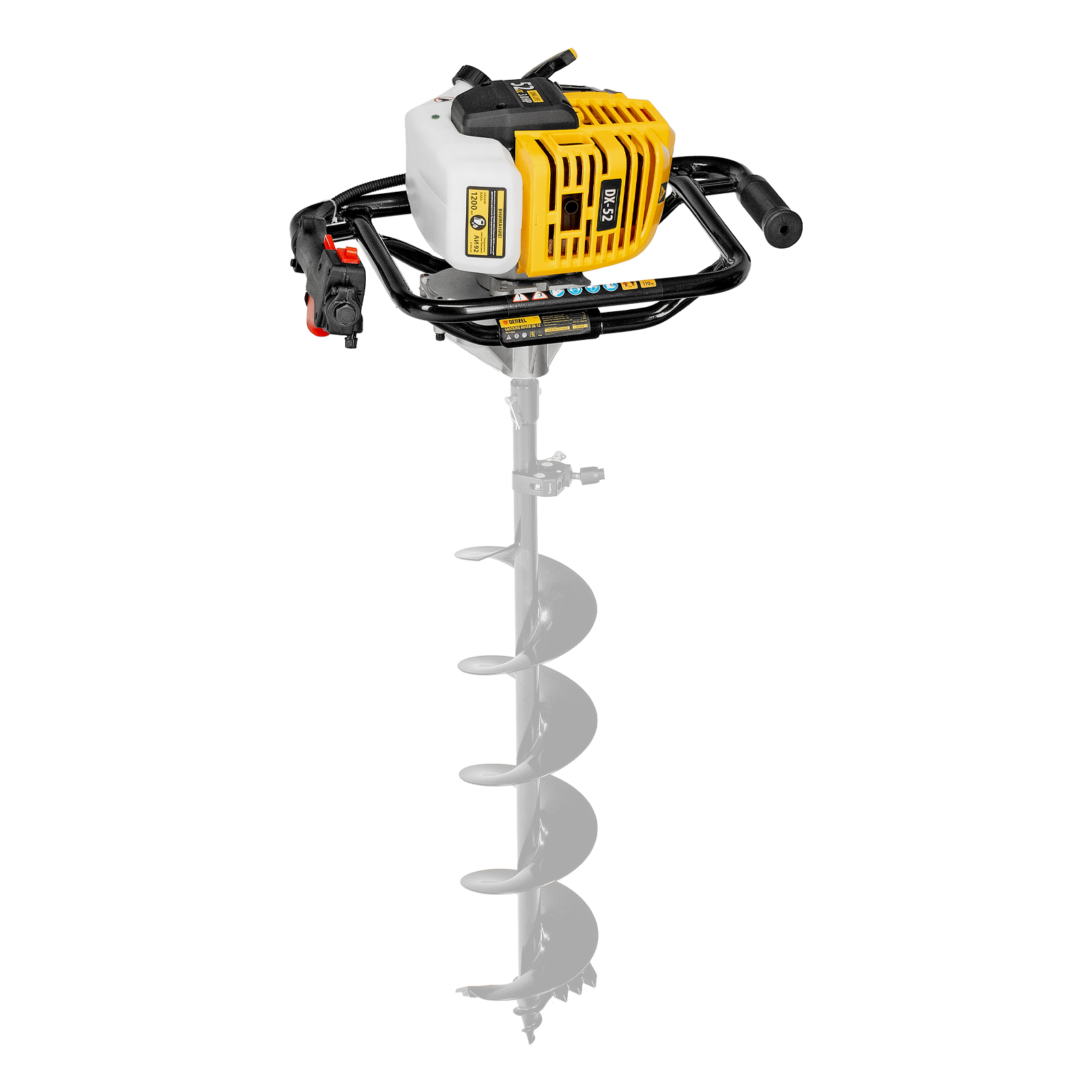 Мотобур DX-52, объем двигателя 52 см3, соединение 20 мм, без шнека Denzel