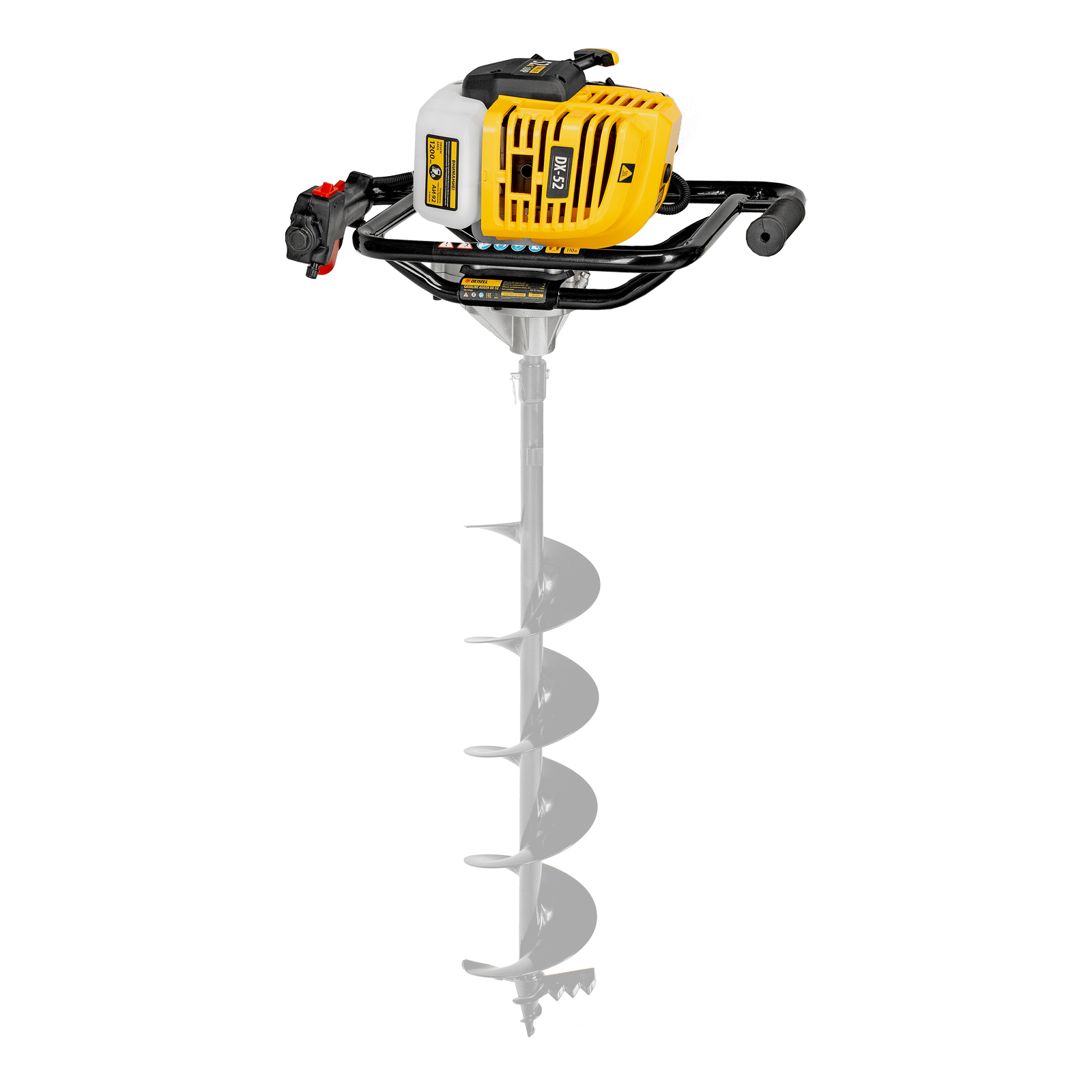 Мотобур DX-52, объем двигателя 52 см3, соединение 20 мм, без шнека Denzel