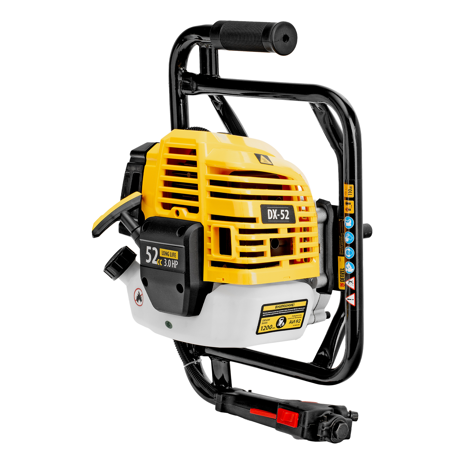 Мотобур DX-52, объем двигателя 52 см3, соединение 20 мм, без шнека Denzel