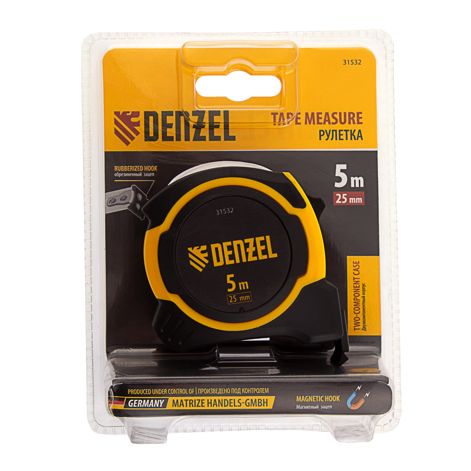 Рулетка 5м х 25мм, двухкомп. корпус, магнитный обрезиненный зацеп Denzel