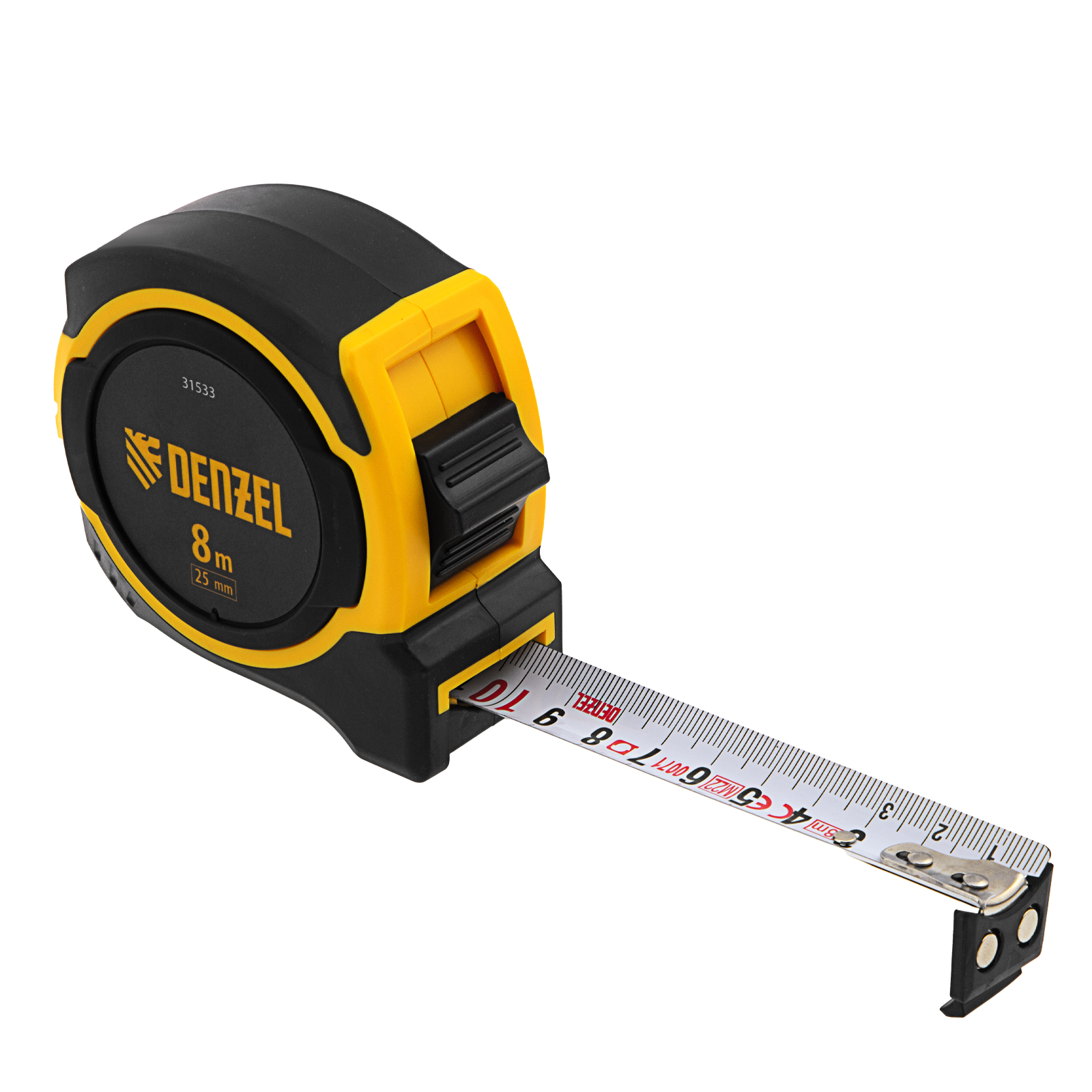 Рулетка 8м х 25мм, двухкомп. корпус, магнитный обрезиненный зацеп Denzel