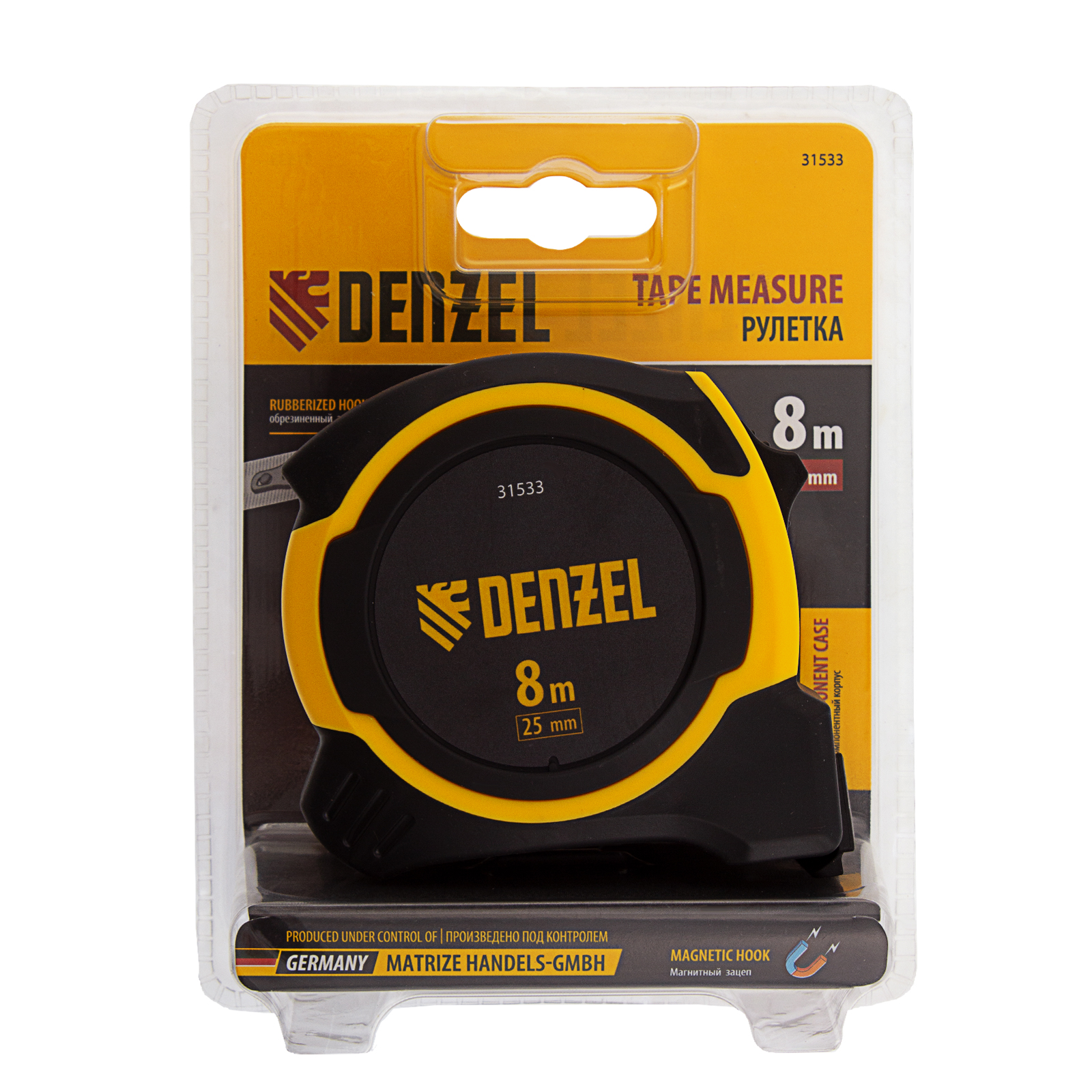 Рулетка 8м х 25мм, двухкомп. корпус, магнитный обрезиненный зацеп Denzel
