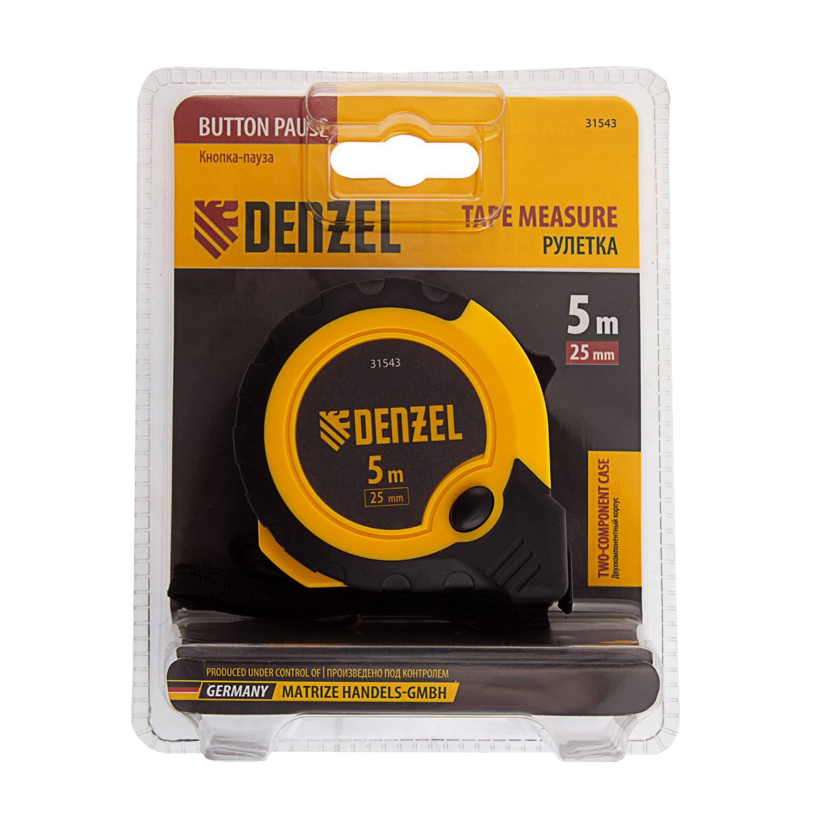 Рулетка 5м х 25мм, двухкомп. корпус, кнопка-пауза Denzel