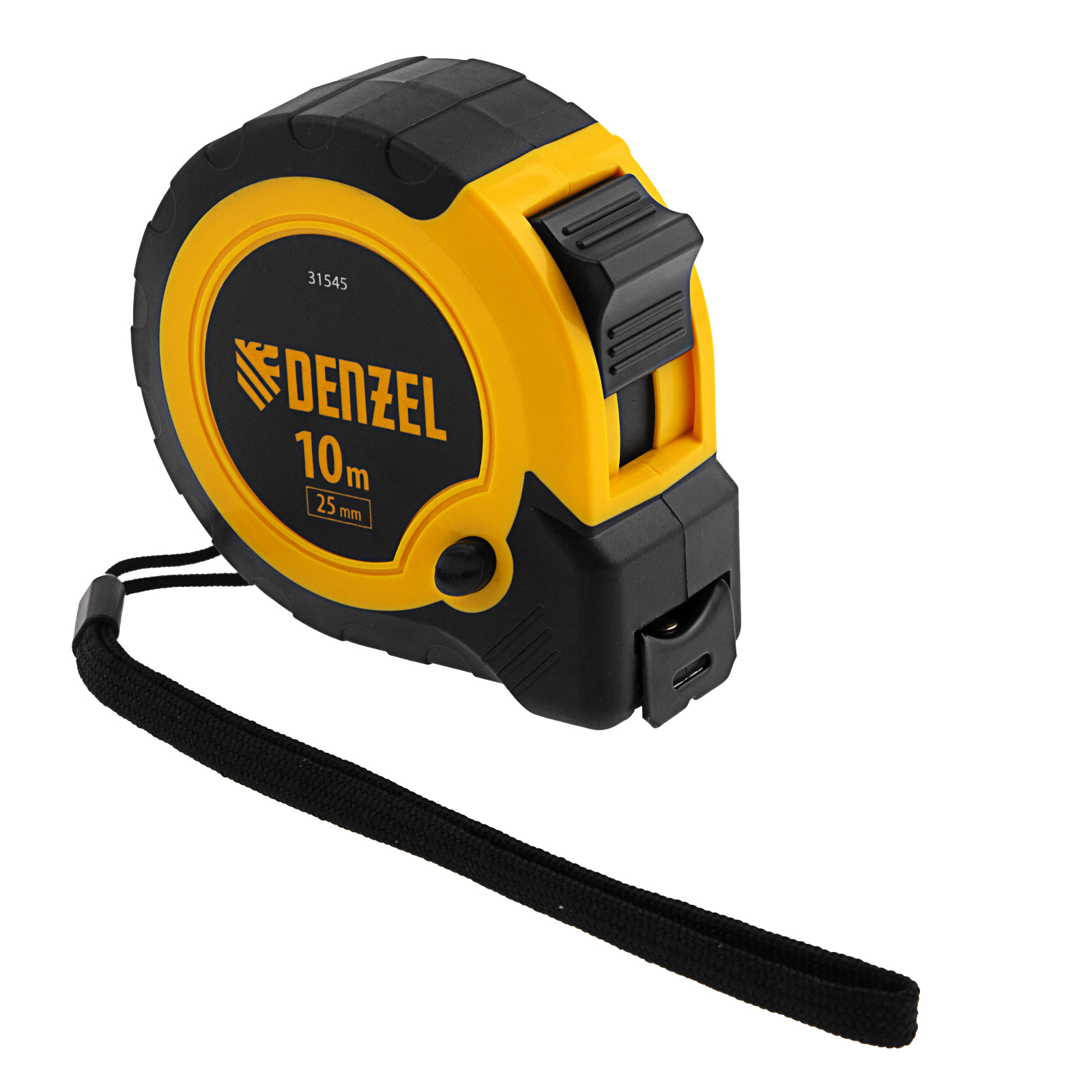 Рулетка 10м х 25мм, двухкомп. корпус, кнопка-пауза Denzel