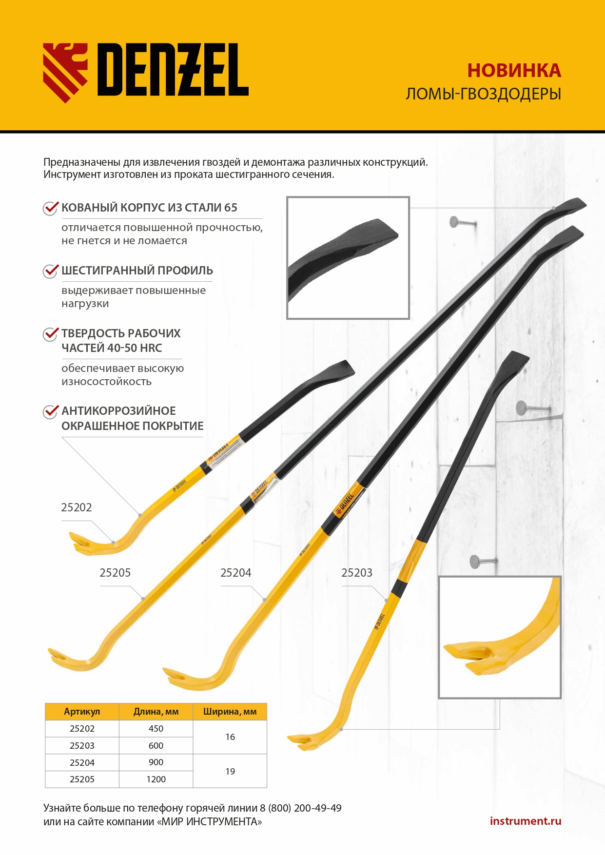 Лом-гвоздодер, 600 мм, шестигранный 16 мм, окрашенный, сталь 65 Denzel
