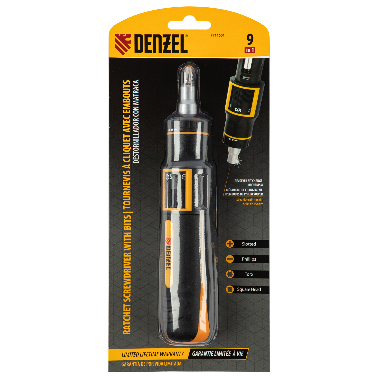 Отвертка реверсивная с револьверным механизмом, 11 шт, сталь S2  Denzel