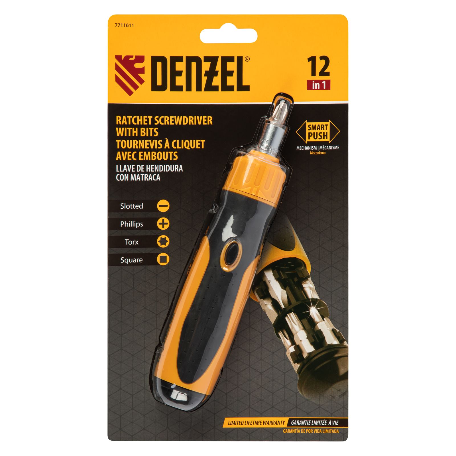 Отвертка реверсивная, механизм SmartPush 12 шт, S2 Denzel