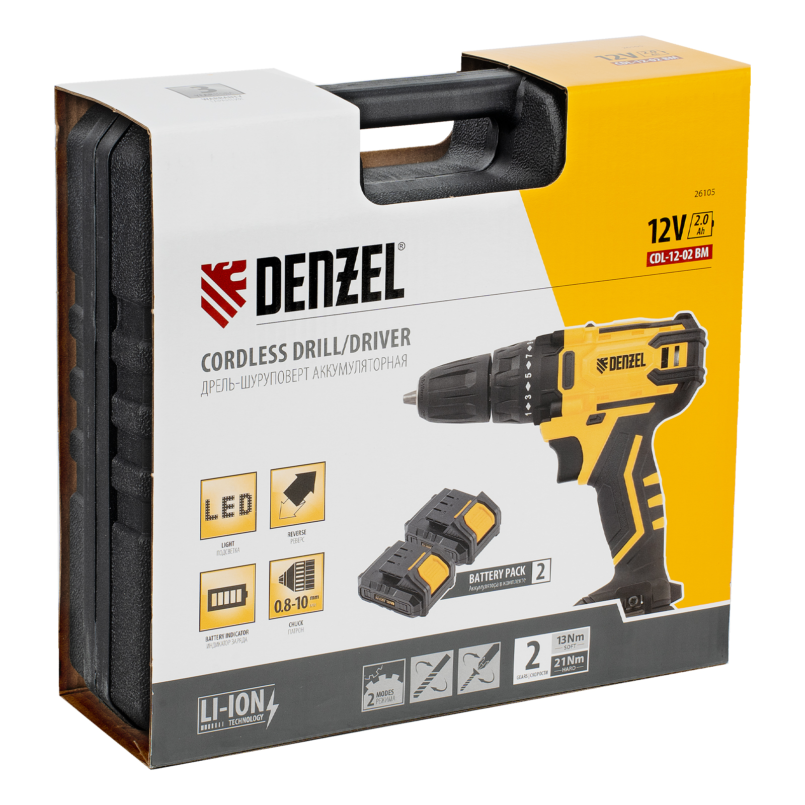 Дрель-шуруповерт аккумуляторная CDL-12-02BM, Li-Ion, 12 В, 2 акк. Denzel