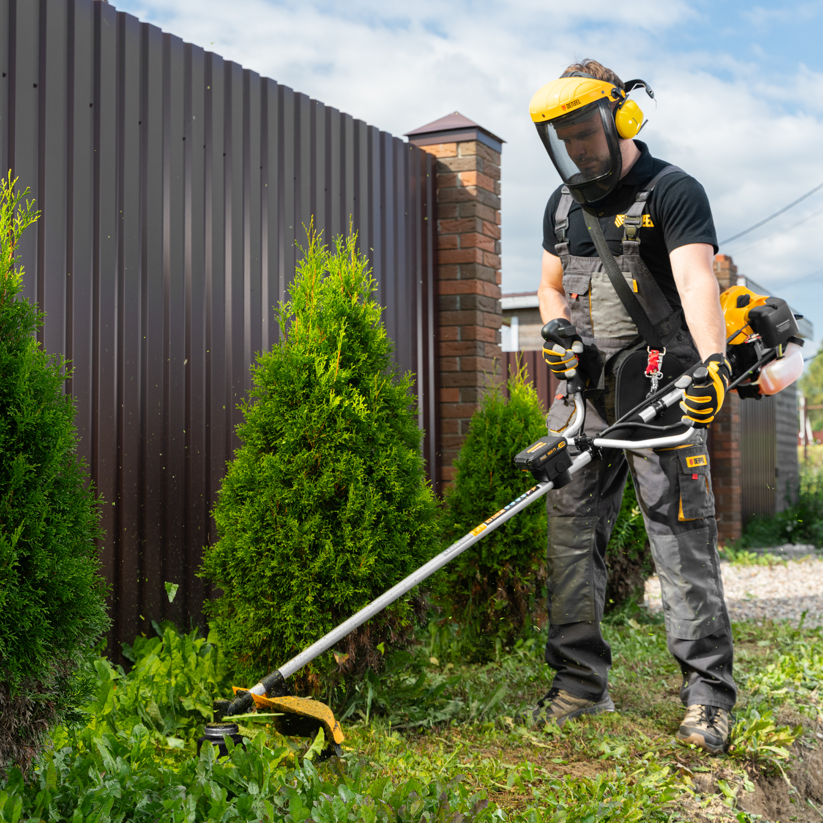 Триммер бензиновый DT-43E, 43 см3, неразъемная штанга, электростартер, состоит из 2 частей Denzel