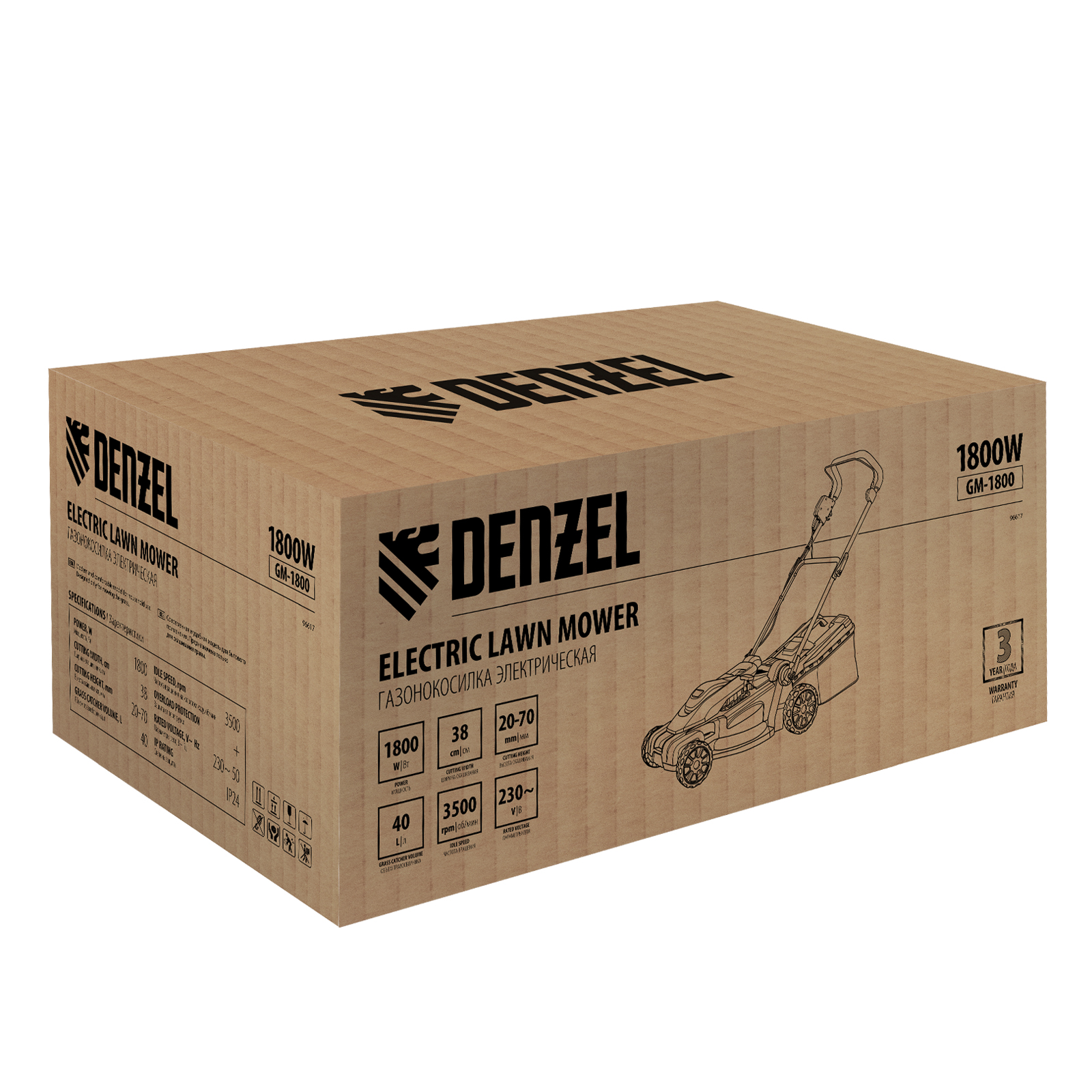 Газонокосилка электрическая GM-1800, 1800 Вт, шир. 38 см, 6 уров., травосб. 40 л. Denzel