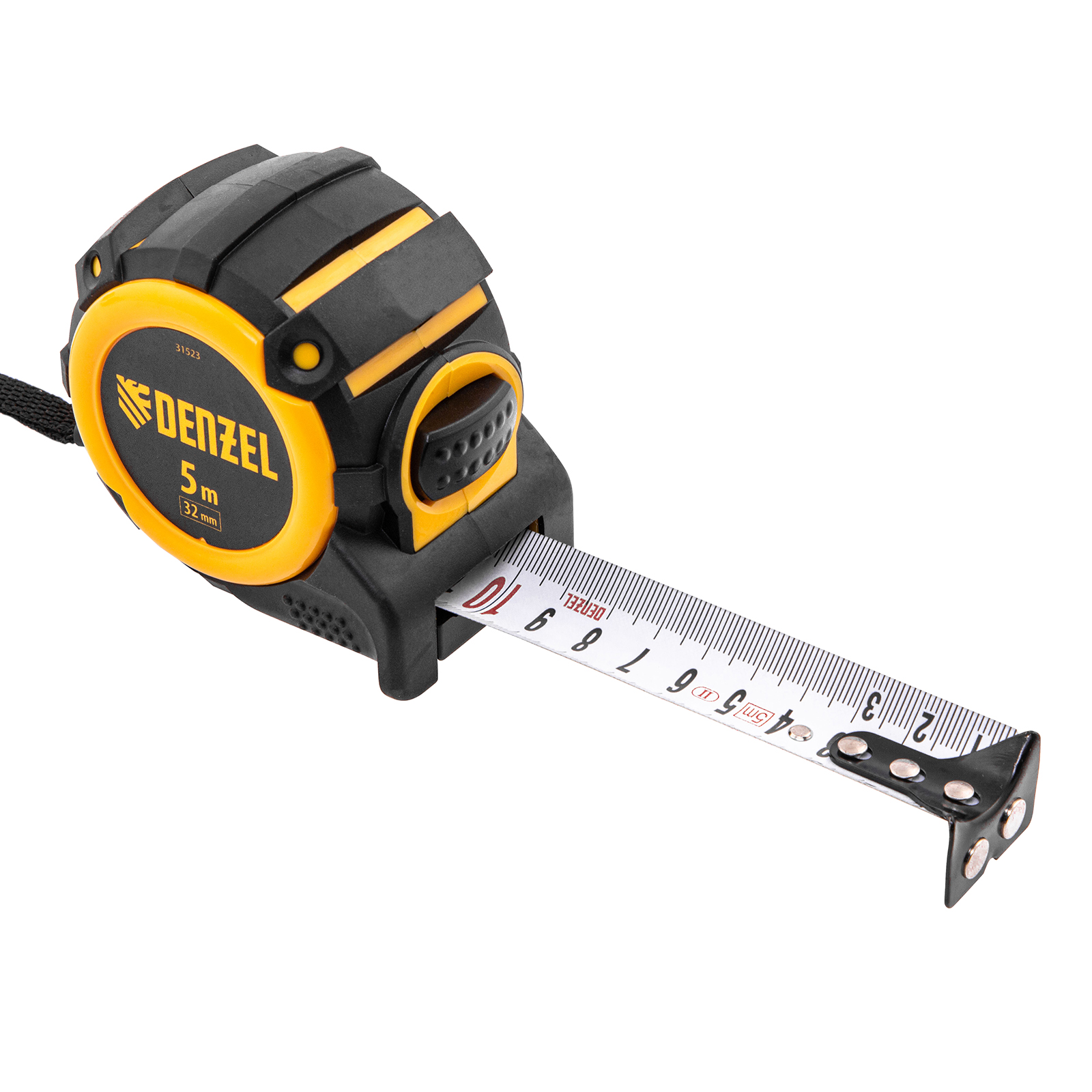 Рулетка 5м х 32мм, автоматич. фиксац., нейлон. покрытие, магнит. зацеп, двухстор. разметка Denzel