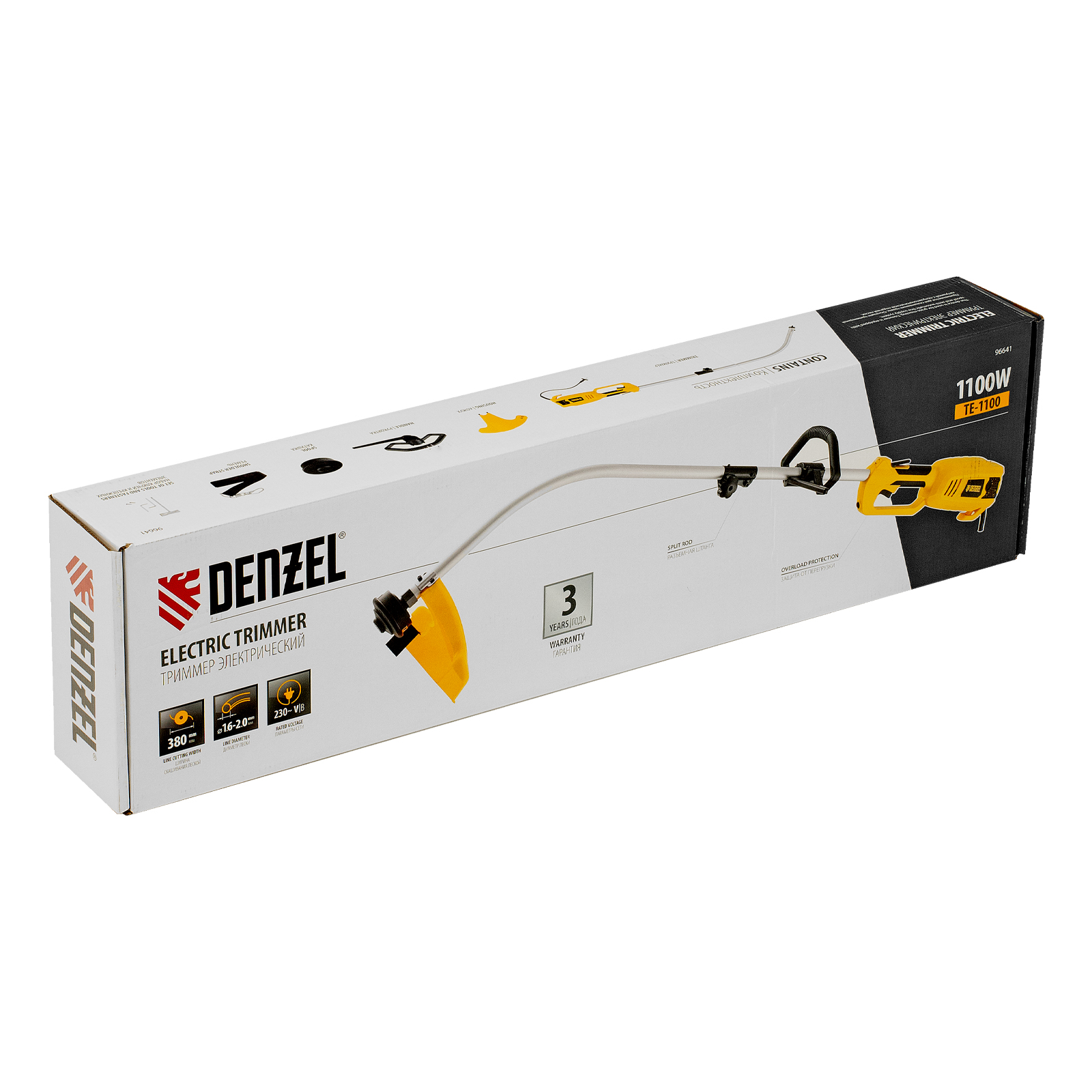 Триммер электрический TE-1100, 1100 Вт, 380 мм, катушка, разборная штанга Denzel