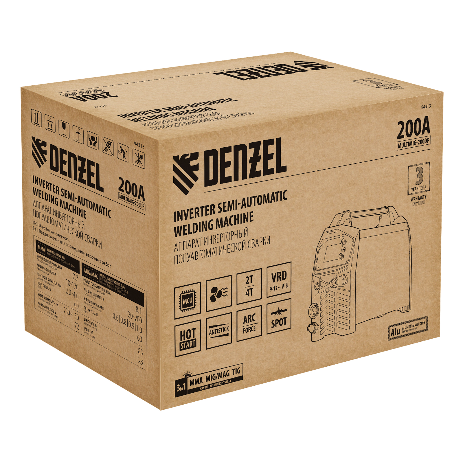 Аппарат инвертор. полуавтомат. сварки MultiMIG-200DP Synergy Double Pulse, 200 А, ПВ 80% Denzel