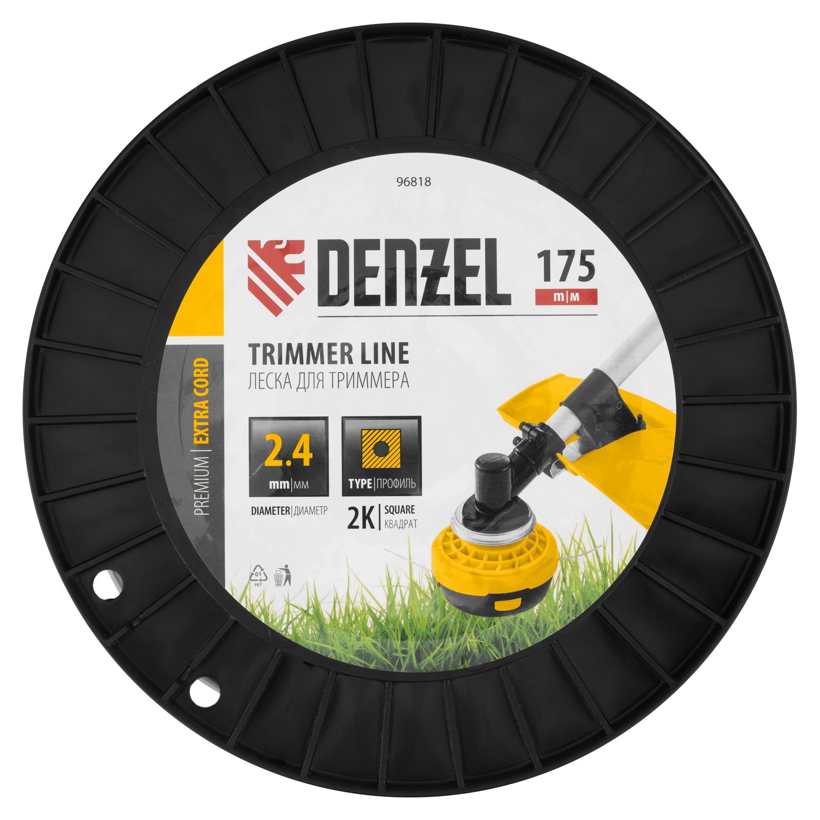 Леска для триммера двухкомпонентная квадрат, 2,4мм х 175м, на DIN катушке EXTRA CORD Denzel