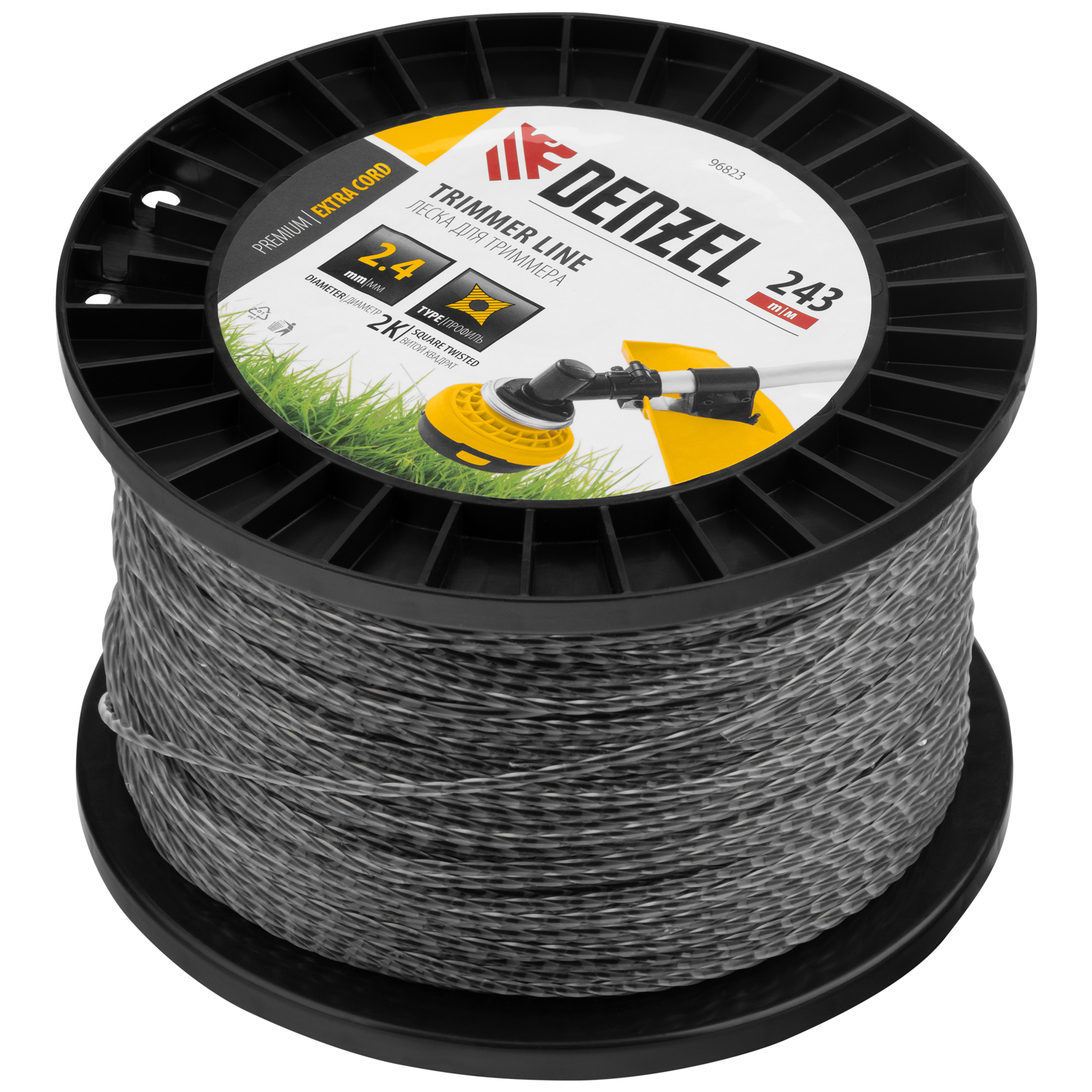 Леска для триммера двухкомпонентная витой квадрат, 2,4мм х 243м, на DIN катушке EXTRA CORD Denzel