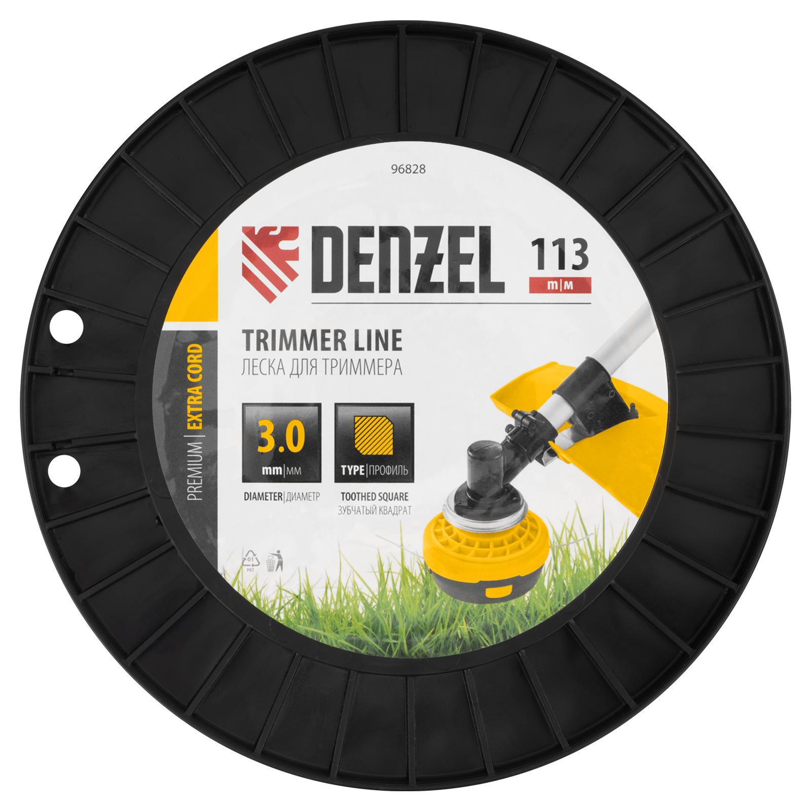 Леска для триммера двухкомпонентная зубчатый квадрат, 3,0мм х 113м, на DIN кат. EXTRA CORD Denzel