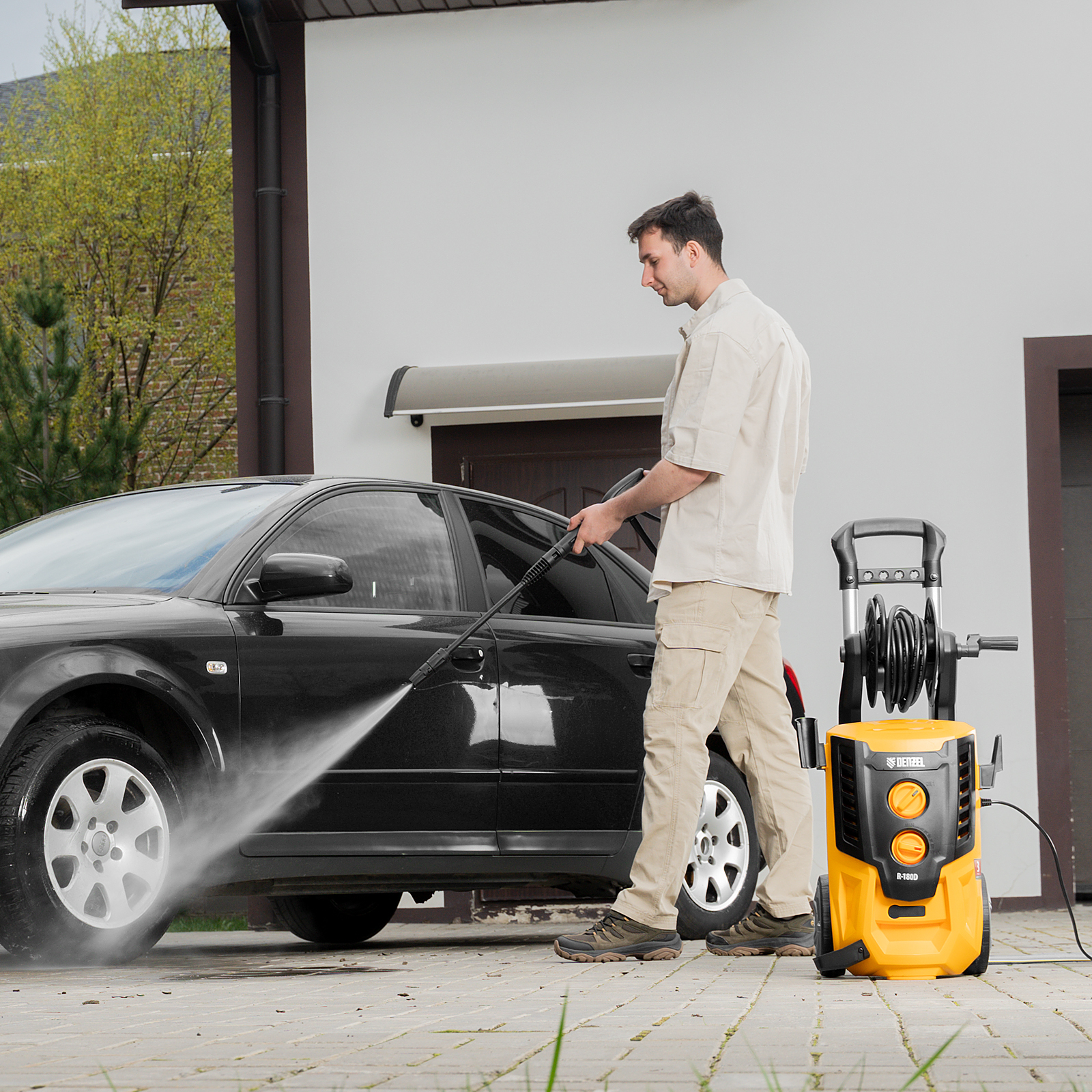 Моечная машина высокого давления R-180D, 2200 Вт, 180 бар, 380 л/ч, с барабаном Denzel