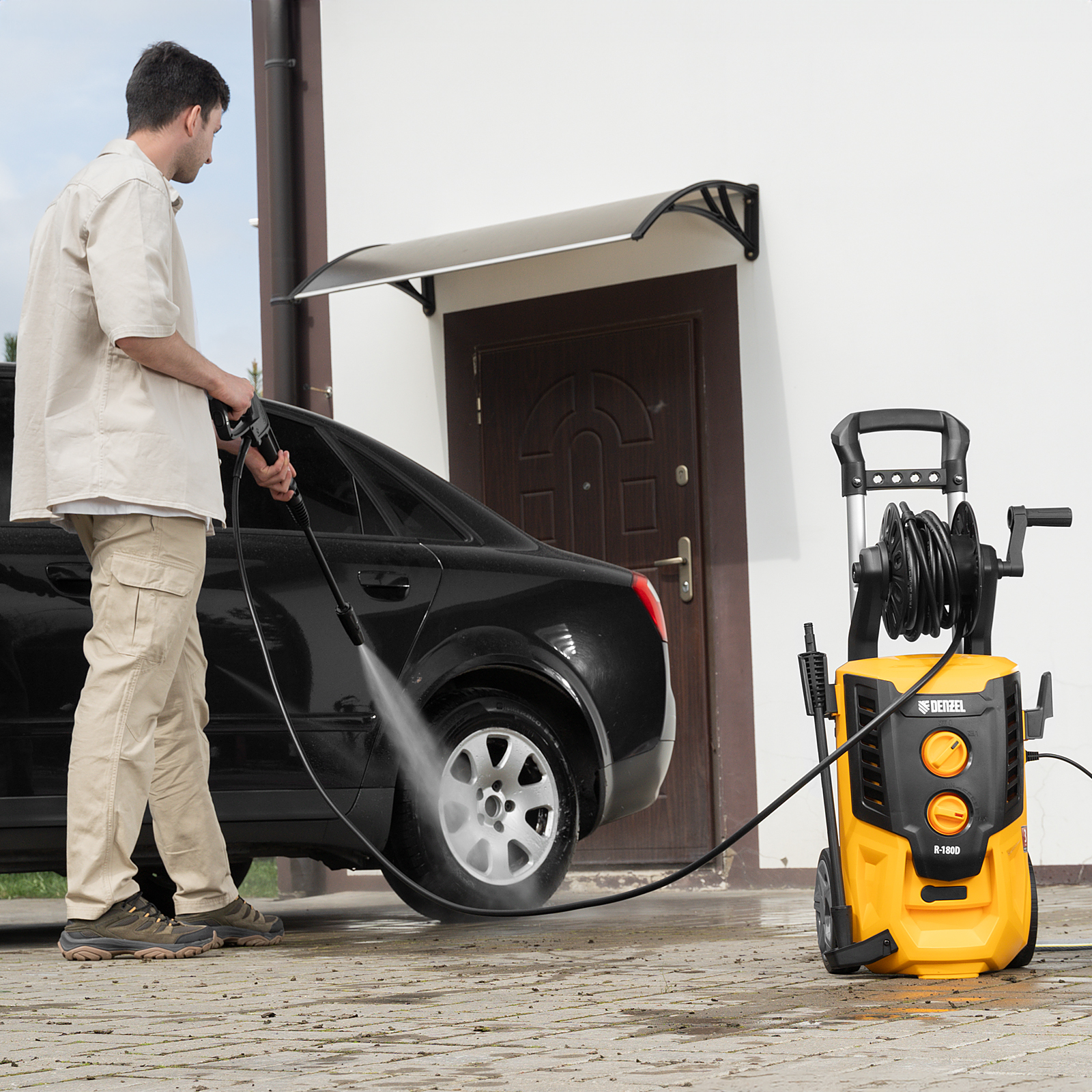 Моечная машина высокого давления R-180D, 2200 Вт, 180 бар, 380 л/ч, с барабаном Denzel