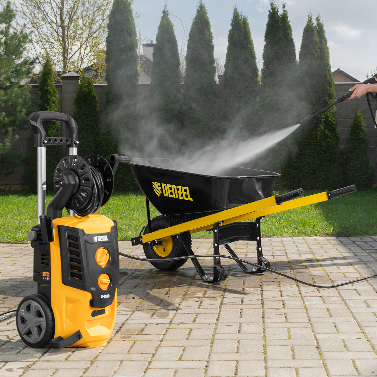 Моечная машина высокого давления R-180D, 2200 Вт, 180 бар, 380 л/ч, с барабаном Denzel