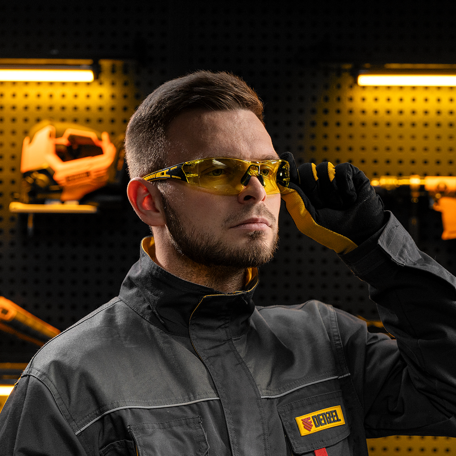 Очки защитные открытые, поликарбонатные, желтая линза, 2х комп.дужки Denzel