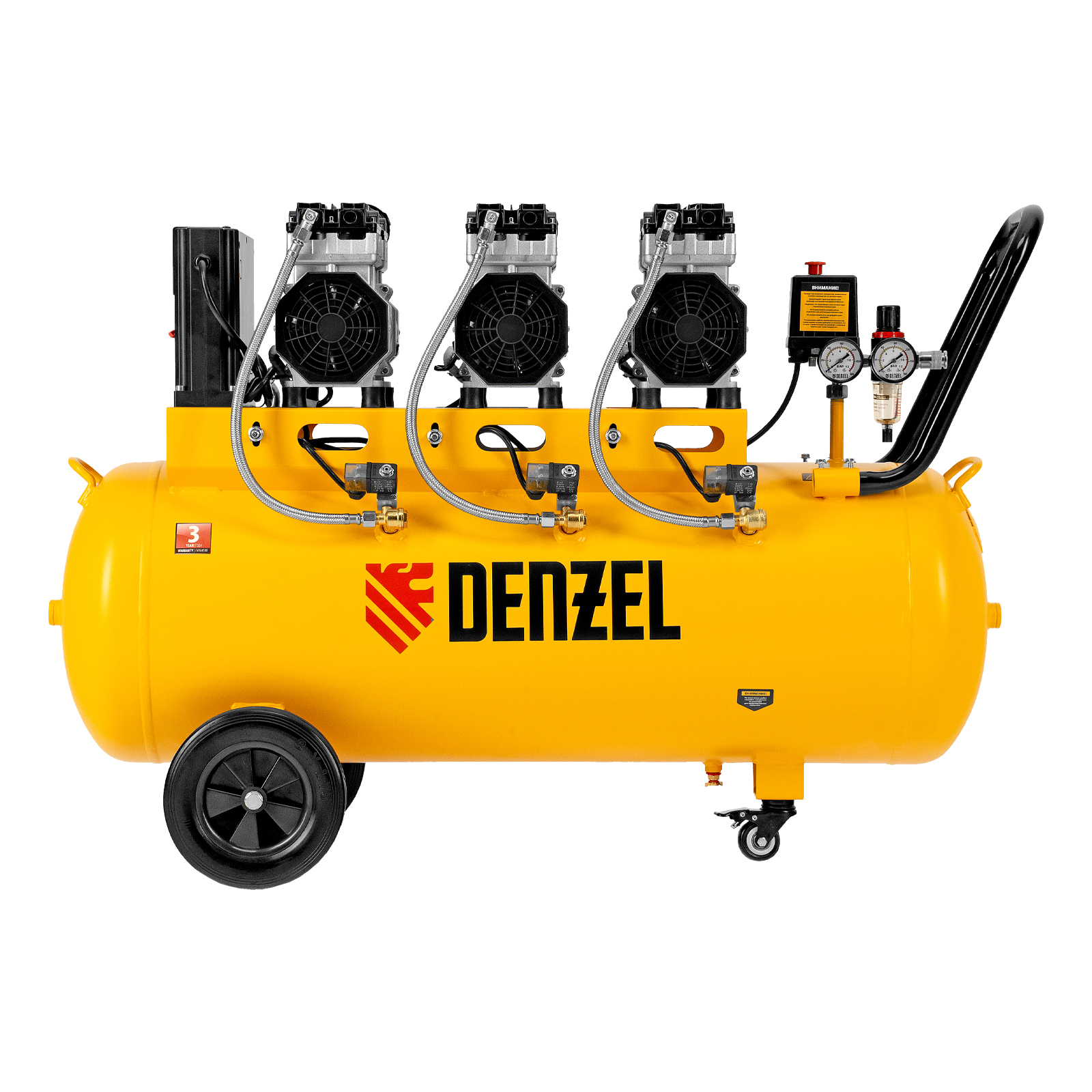 Компрессор безмасляный, малошумный  DLS 2250/100, 2250 Вт, 3x750, 100 л, 410 л/мин блок управления/ Denzel