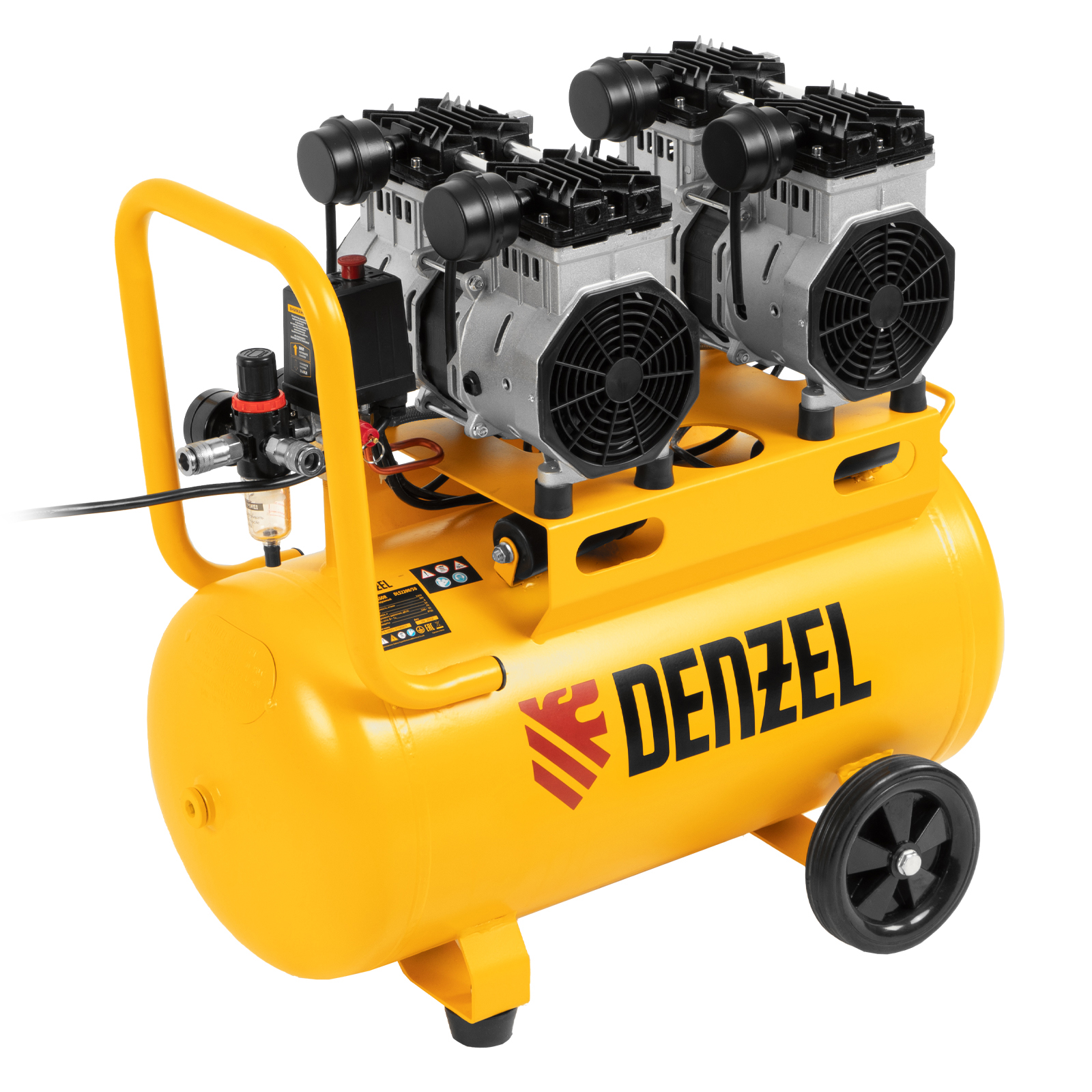 Компрессор безмасляный, малошумный DLS 2200/50, 2200 Вт, 2x1100, 50 л, 380 л/мин Denzel