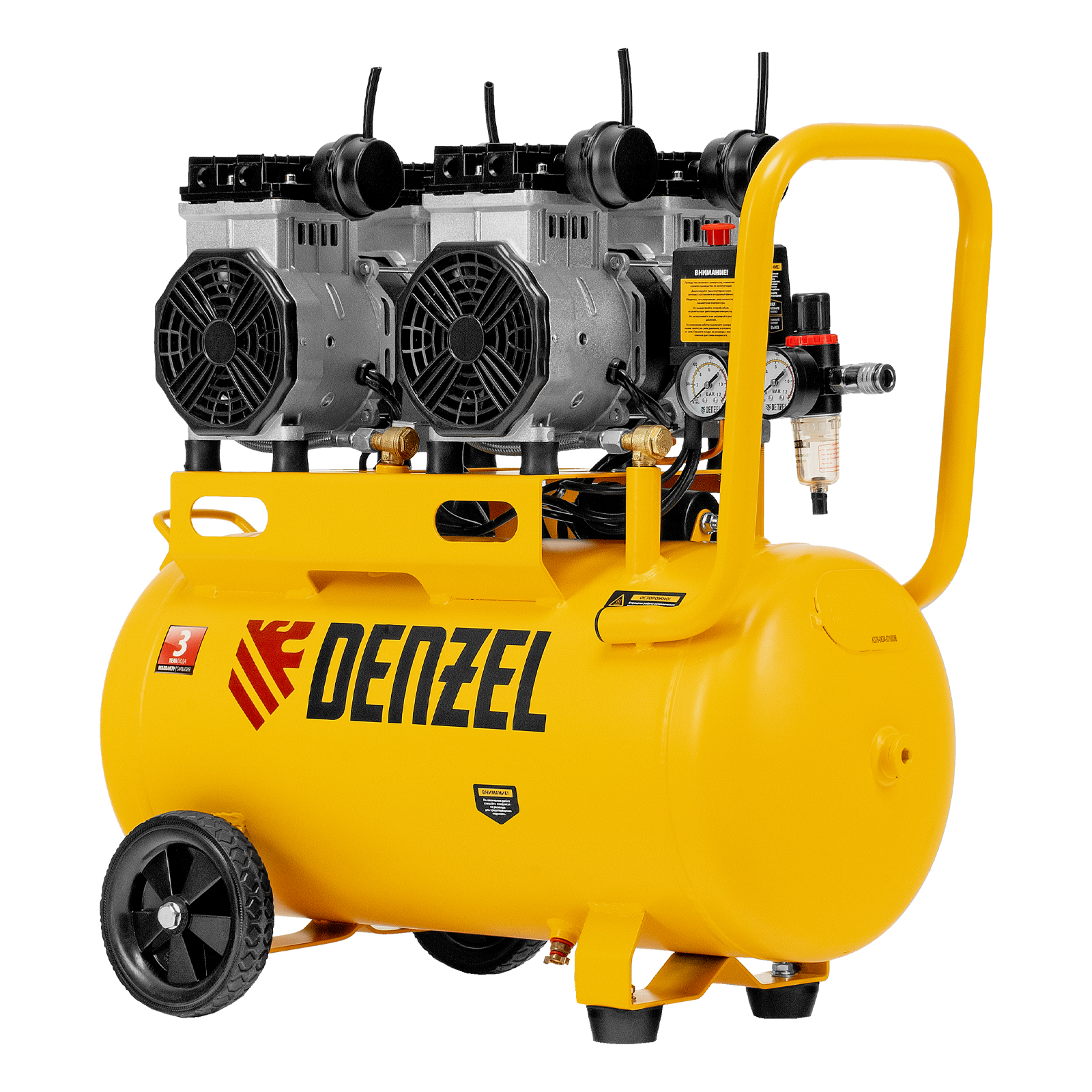 Компрессор безмасляный, малошумный DLS 2200/50, 2200 Вт, 2x1100, 50 л, 380 л/мин Denzel
