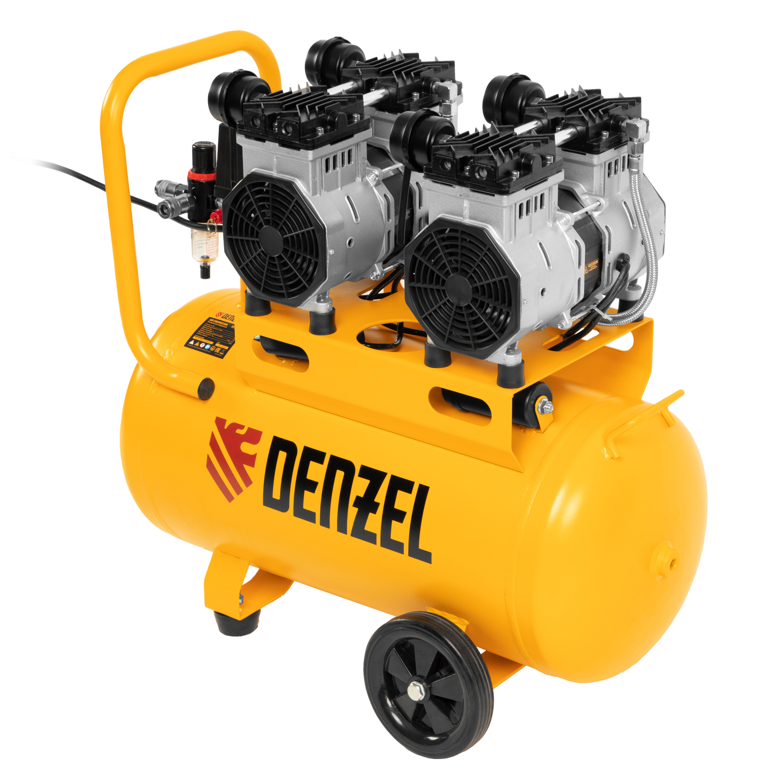 Компрессор безмасляный, малошумный DLS 2200/50, 2200 Вт, 2x1100, 50 л, 380 л/мин Denzel