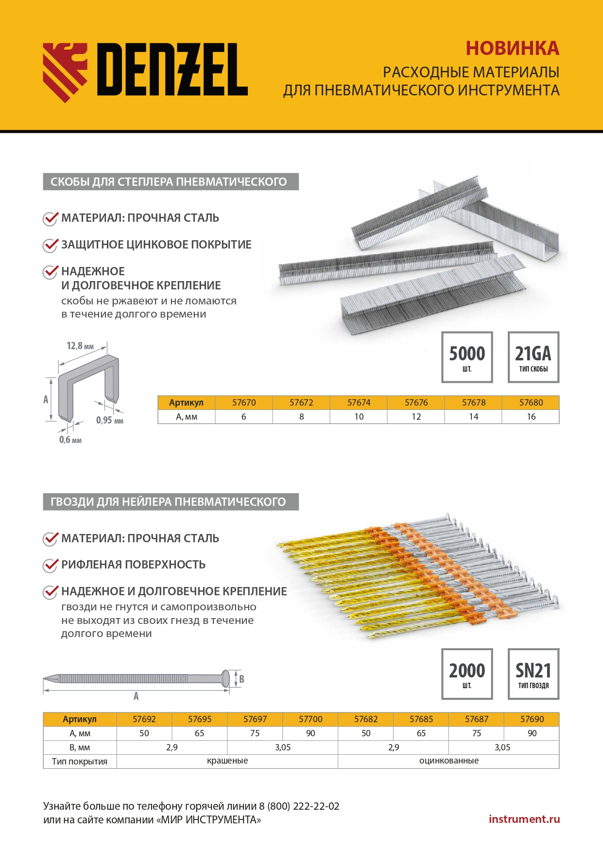 Гвозди для пнев. нейлера (оцинк.) длина - 50 мм, диам. - 2,9 мм, 2000 шт. Denzel