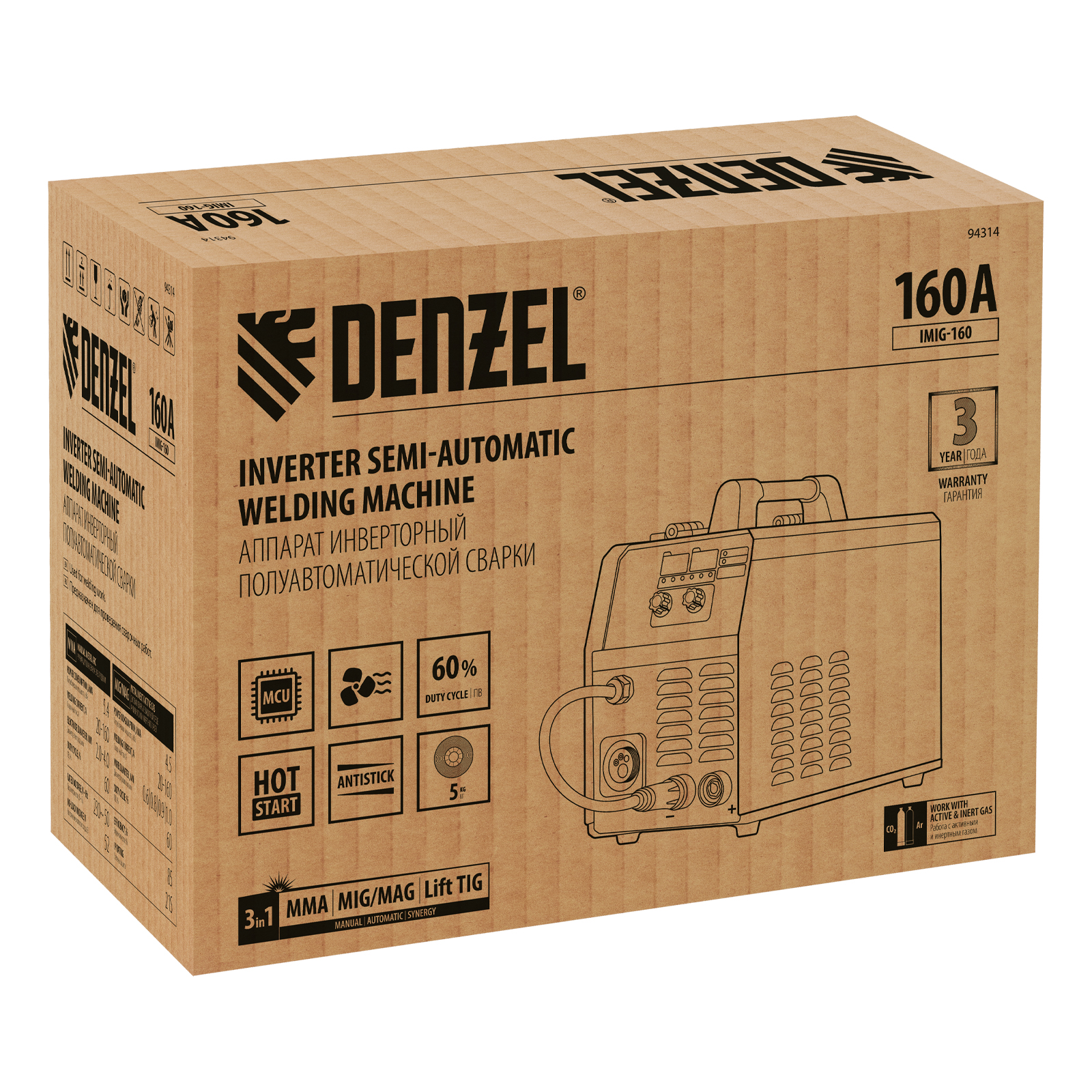 Аппарат инвертор. полуавтомат. cварки IMIG-160 Synergy, 160 А, ПВ 60%, катушка 5 кг Denzel