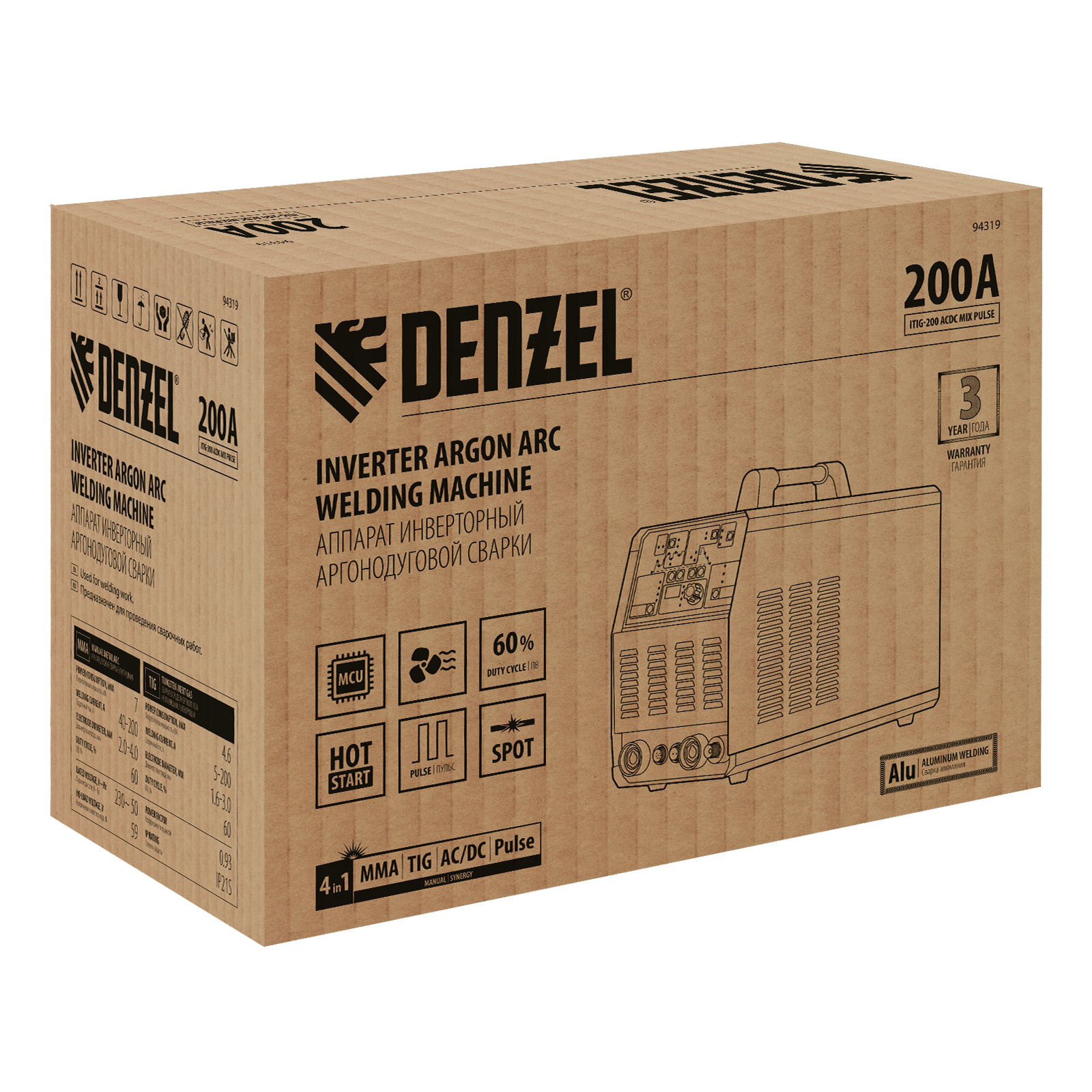 Аппарат инвертор. аргонодуговой сварки ITIG-200 ACDC Mix Pulse, 200 А, ПВ 60% Denzel