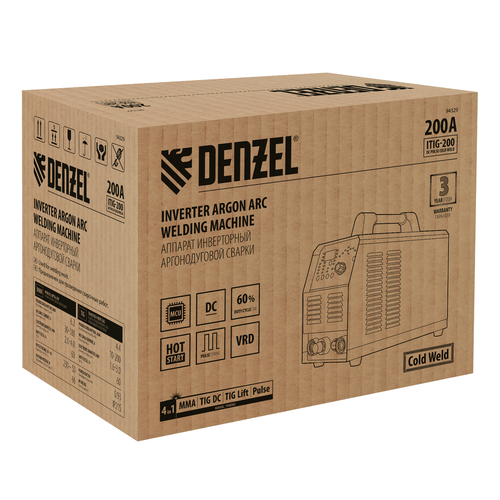Аппарат инвертор. аргонодуговой сварки ITIG-200 DС Pulse Cold Weld, 200 А, ПВ 60% Denzel