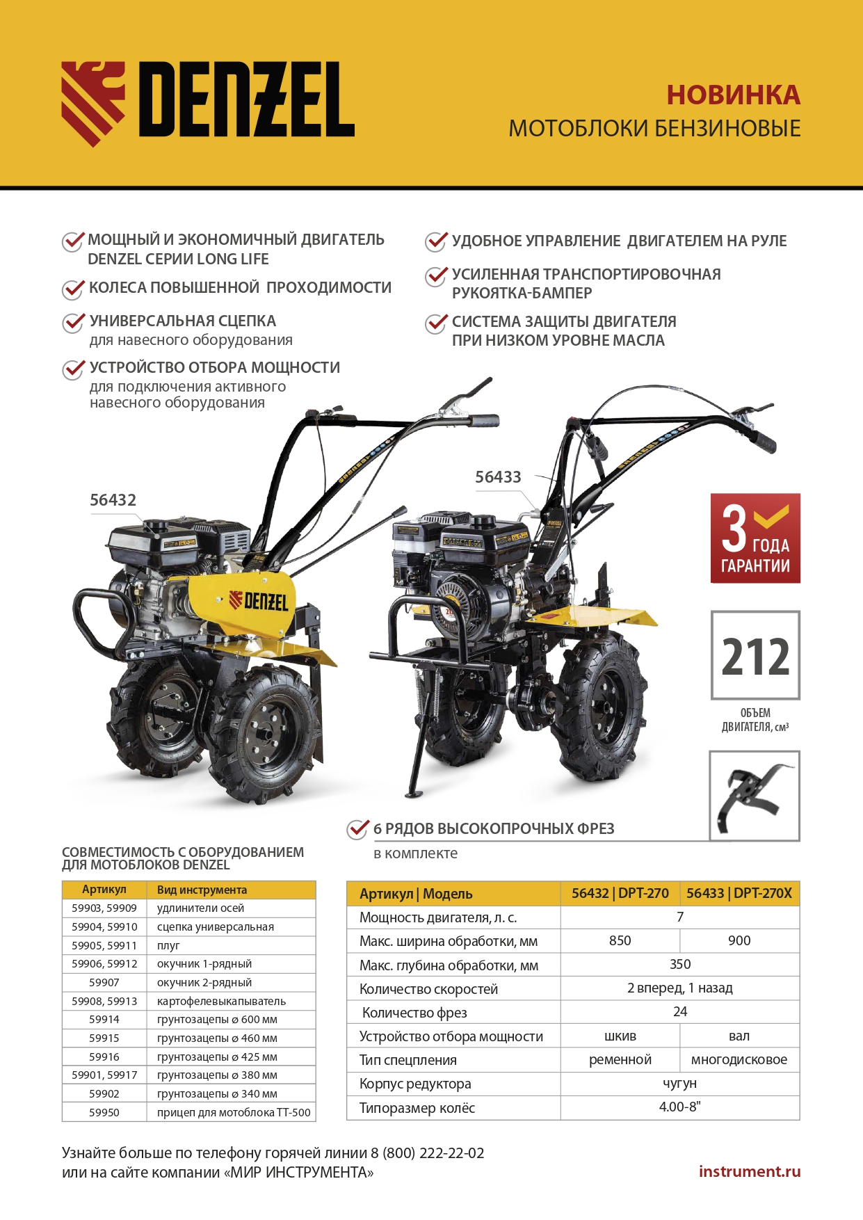Мотоблок DPT-270, 7 л.с., ремен.сцеп, шир 85 см, глуб 35 см,фрез 3х4,ШОМ,скор 2В/1Н,кол 8" Denzel