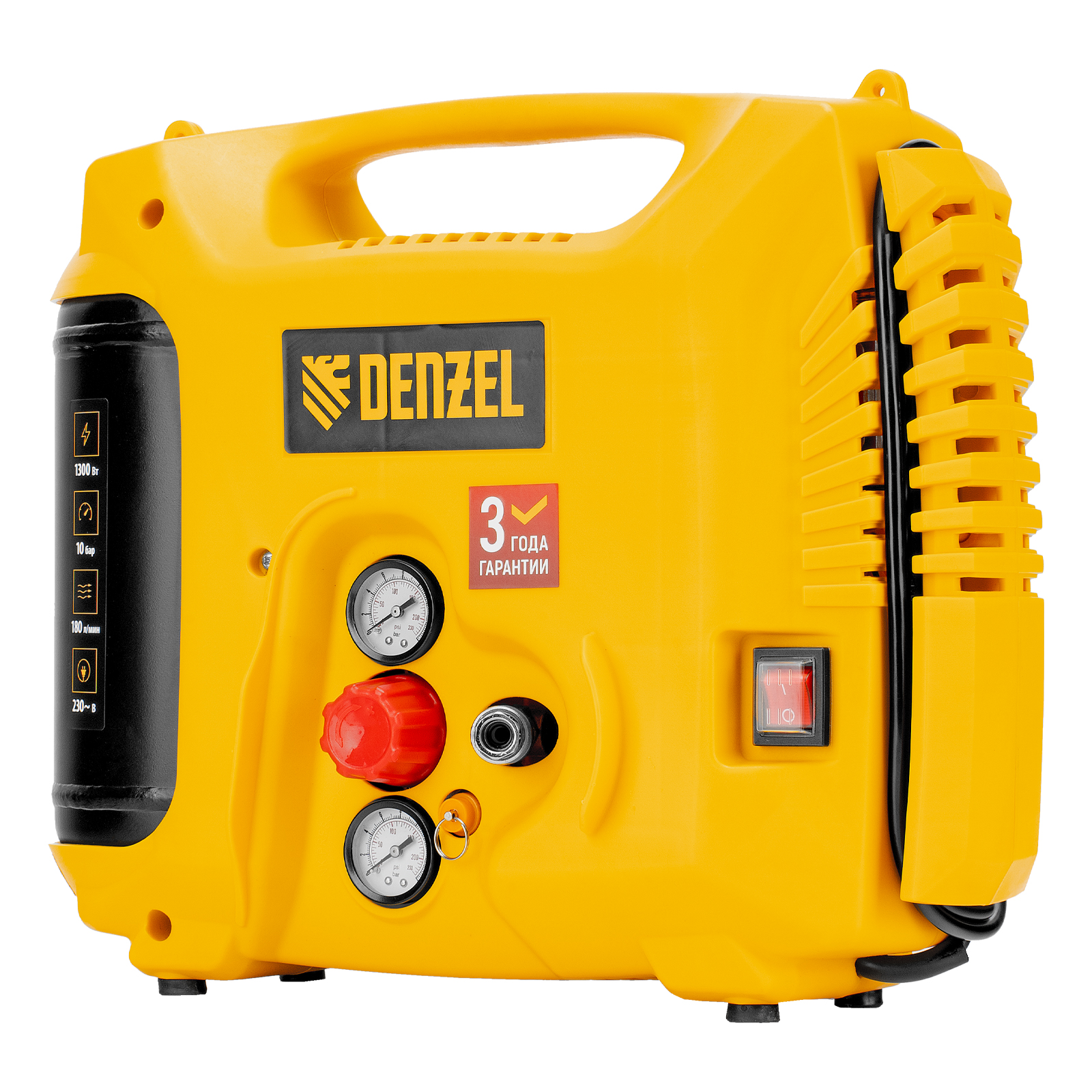 Компрессор воздушный DL1300, 10 бар, 1,3 кВт 180 л/мин 5 л, с набором аксессуаров Denzel