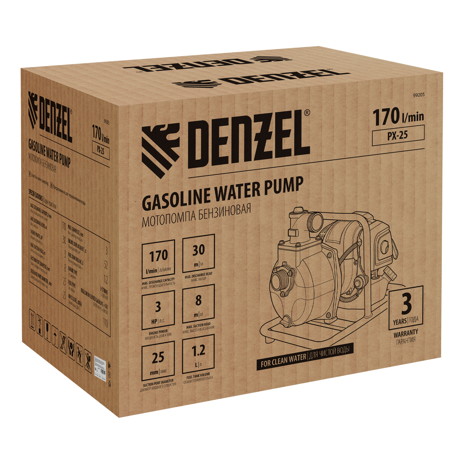 Мотопомпа бензиновая для чистой воды PX-25, 52 см3, 1", 170 л/мин, глуб 8 м, напор 30 м Denzel