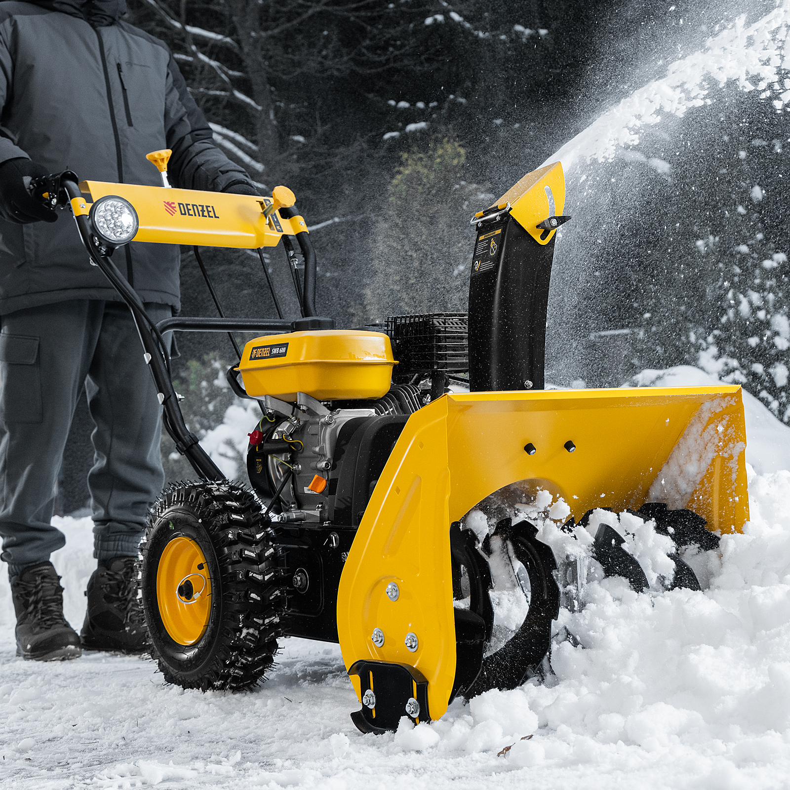 Гибридная снегоуборочная машина с функц. подметания SWB-600, 212 сс, руч. старт, 2 насадки Denzel